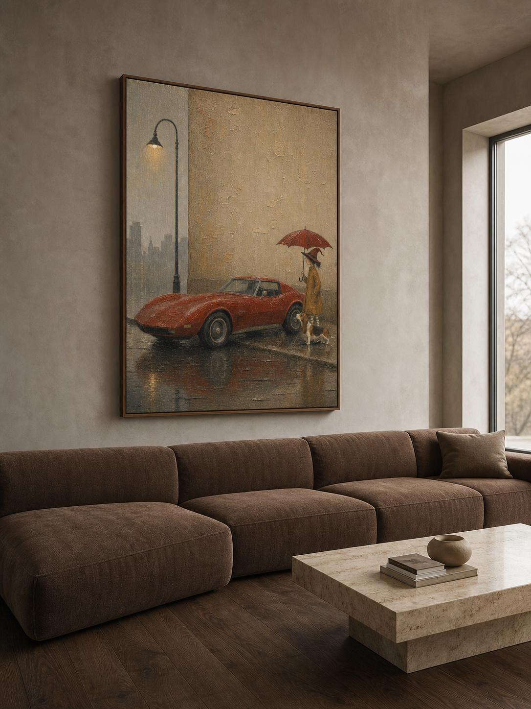 Vintage Rainy Day Travel Art With Dog And Classic Car For Home Decor