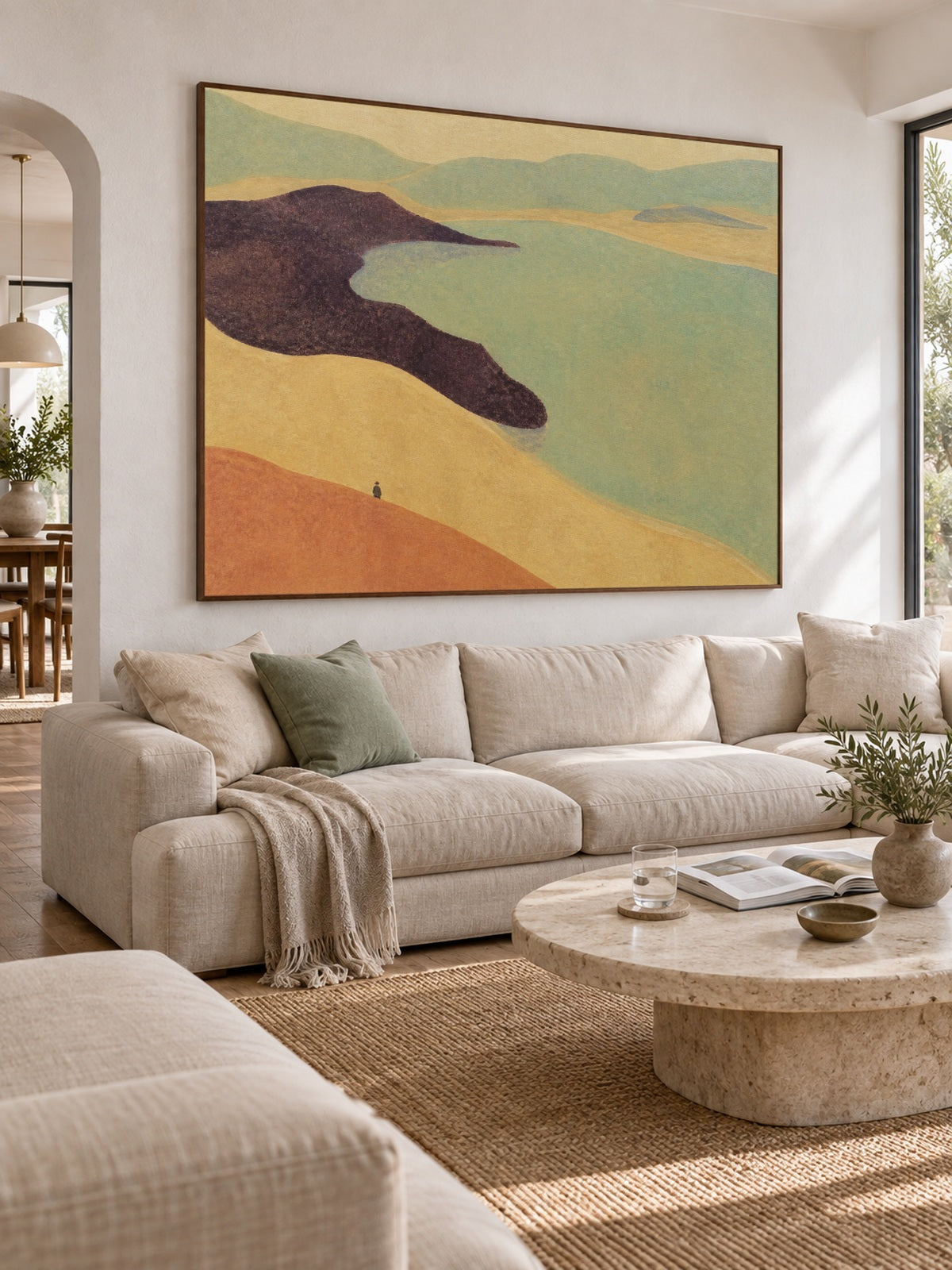 Earth Tone Teal Lake Canvas Art With Lone Figure For Modern Living Room Decor