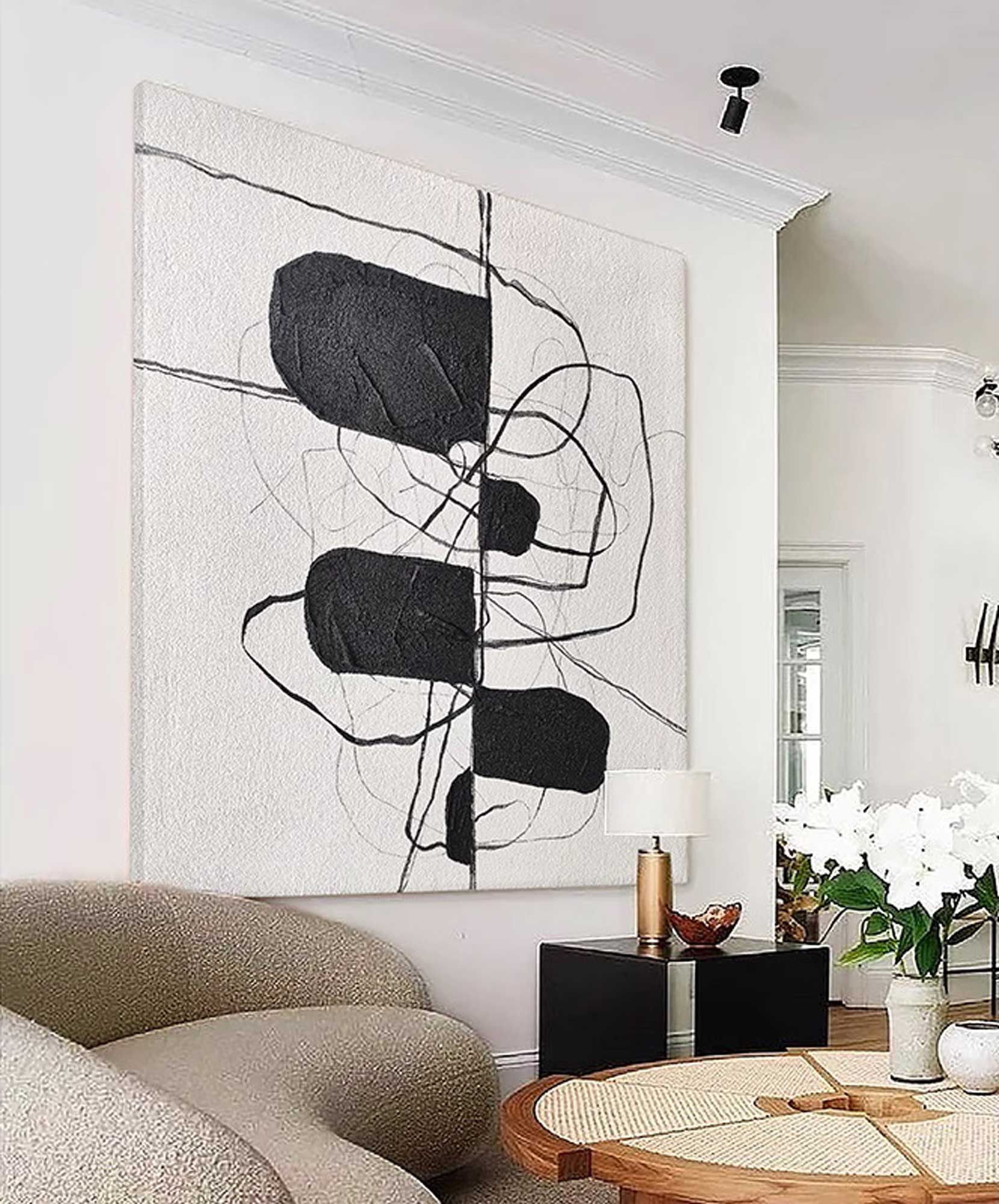 Large Black And White Minimalist Abstract Canvas Art Minimalist Line Painting Framed