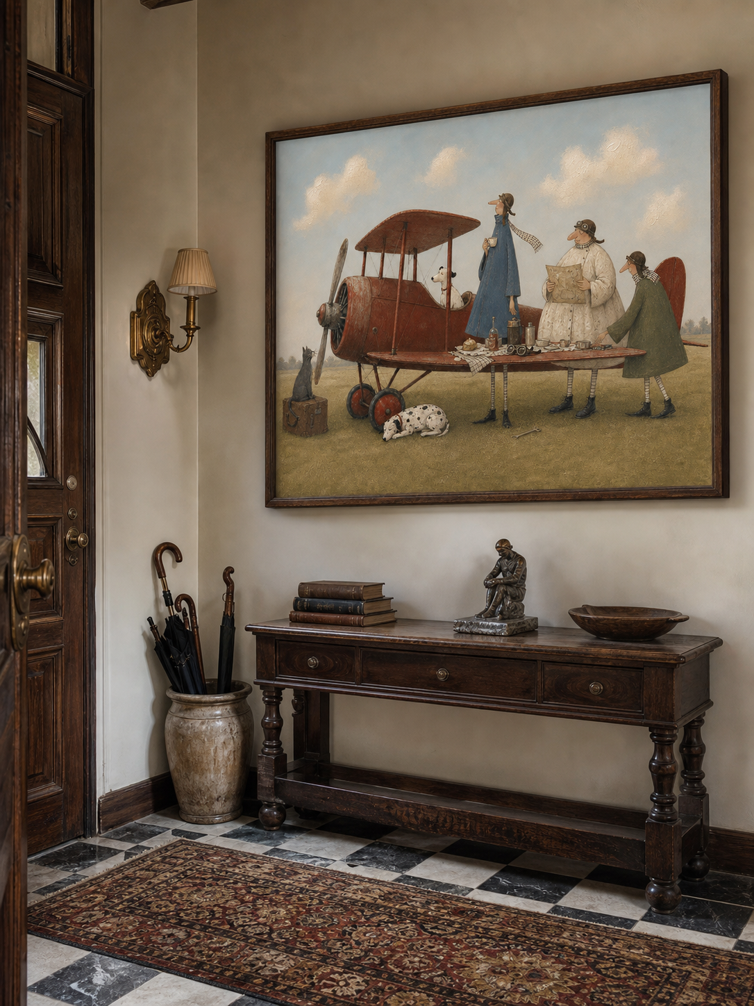 Vintage Airplane Picnic Painting Original Wall Art For Living Room Travel Theme Decor