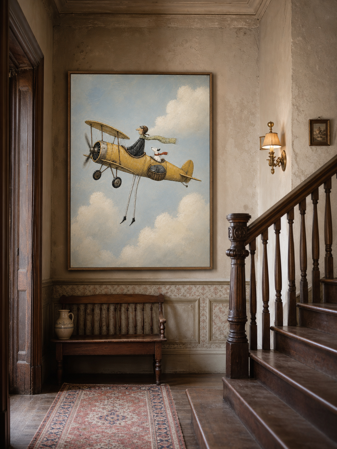 Retro Aviation Art Print With Pilot And Dog In Sky For Home Wall Decor