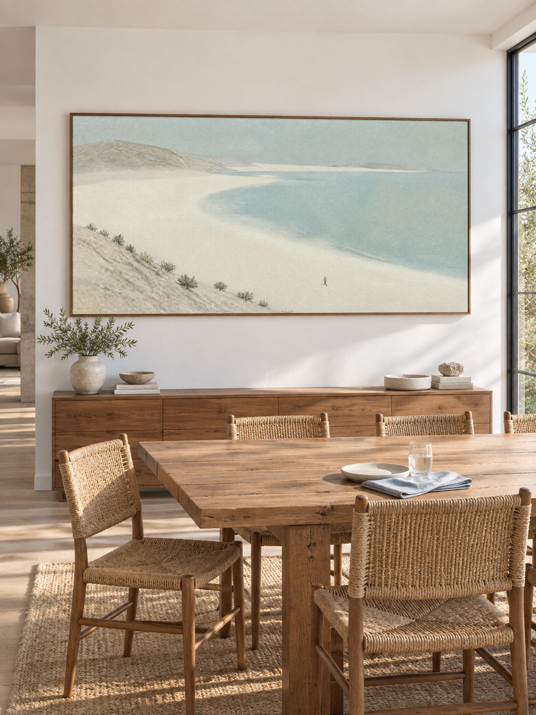 Contemporary Curved Shore Canvas Painting For Modern Coastal Bedroom Decor