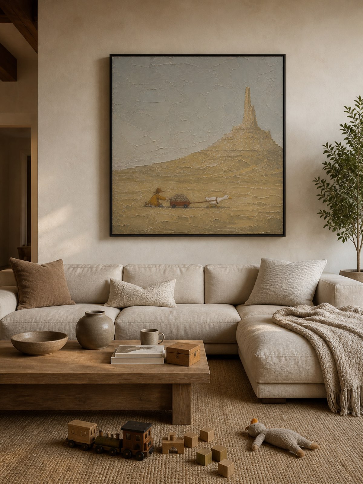 Textured Coastal Travel Art With Surreal Cave Scene In Beige And Grey Tones For Living Room