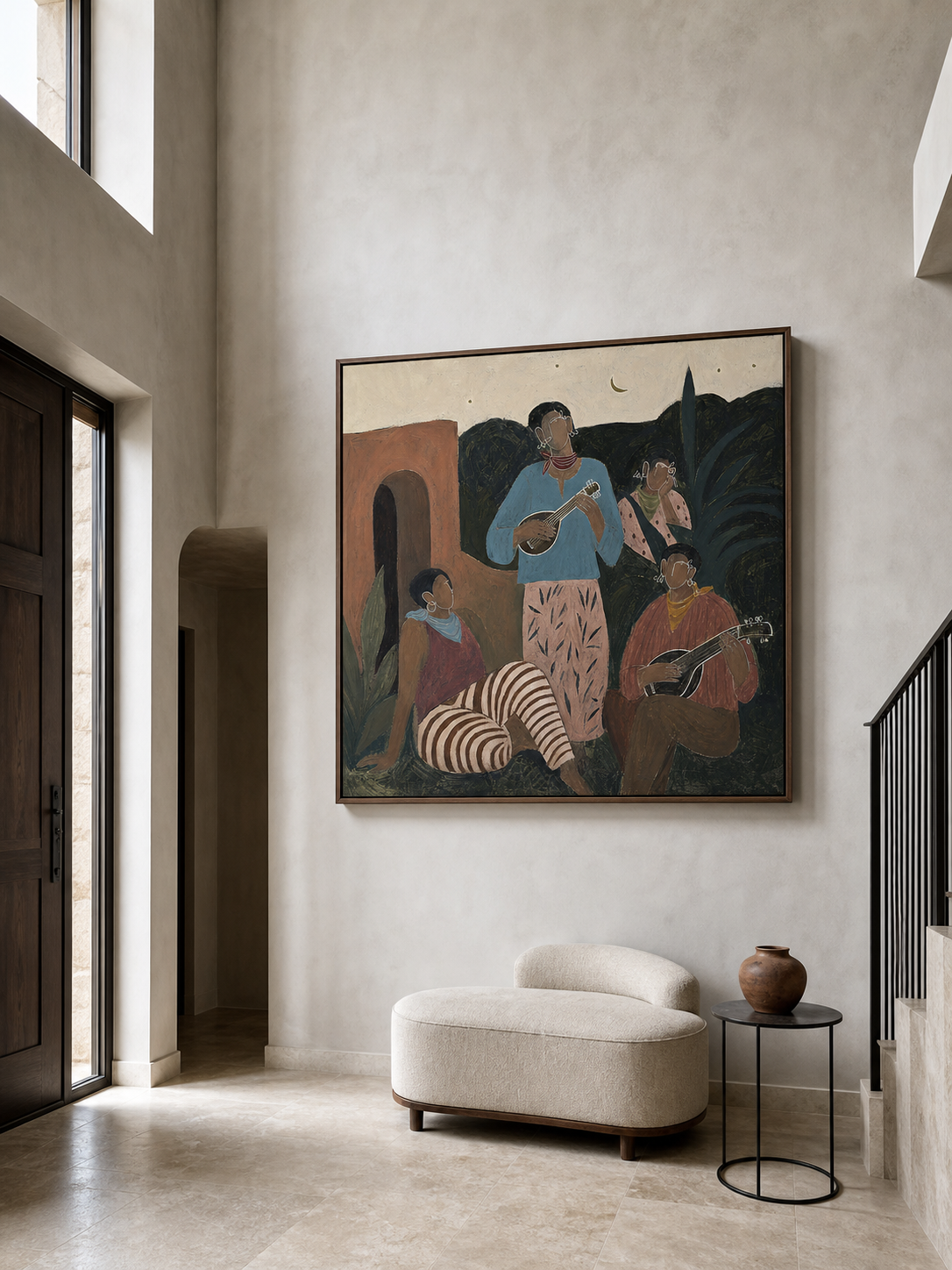 Original Hand Painted Folk Music Painting Vintage People Bohemian Wall Art