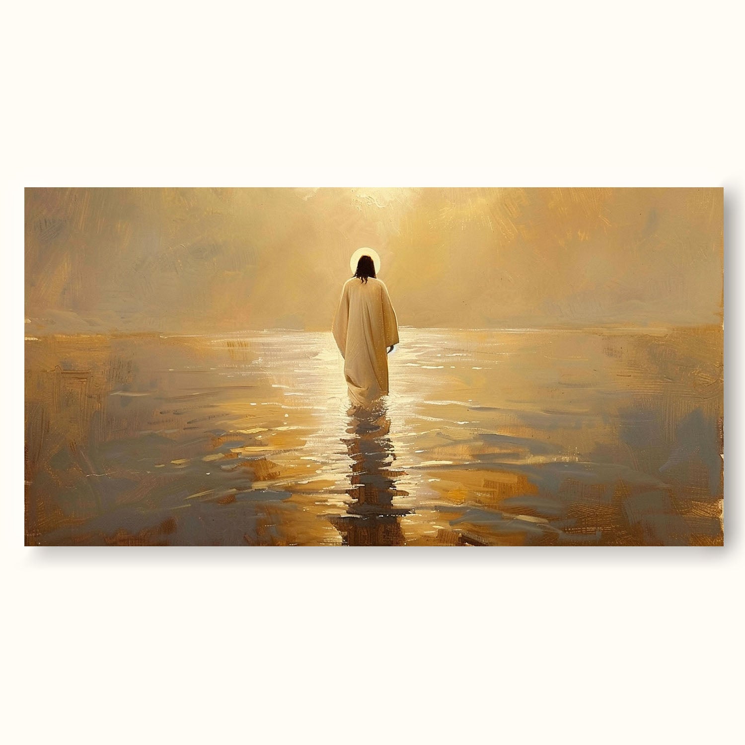 Original Painting Of Jesus On Sea Large Abstract Jesus Walking On Beach Neutral Beige And Gold Jesus Oil Painting