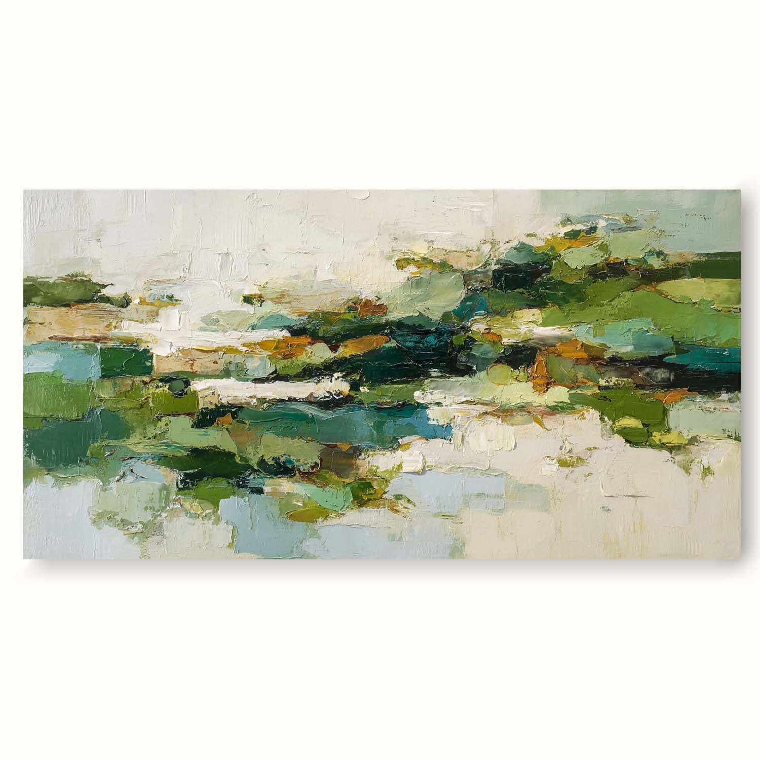 Handmade Green And Beige Textured Canvas Long Horizontal Modern Abstract Art Long Horizontal Neutral Canvas Wall Art