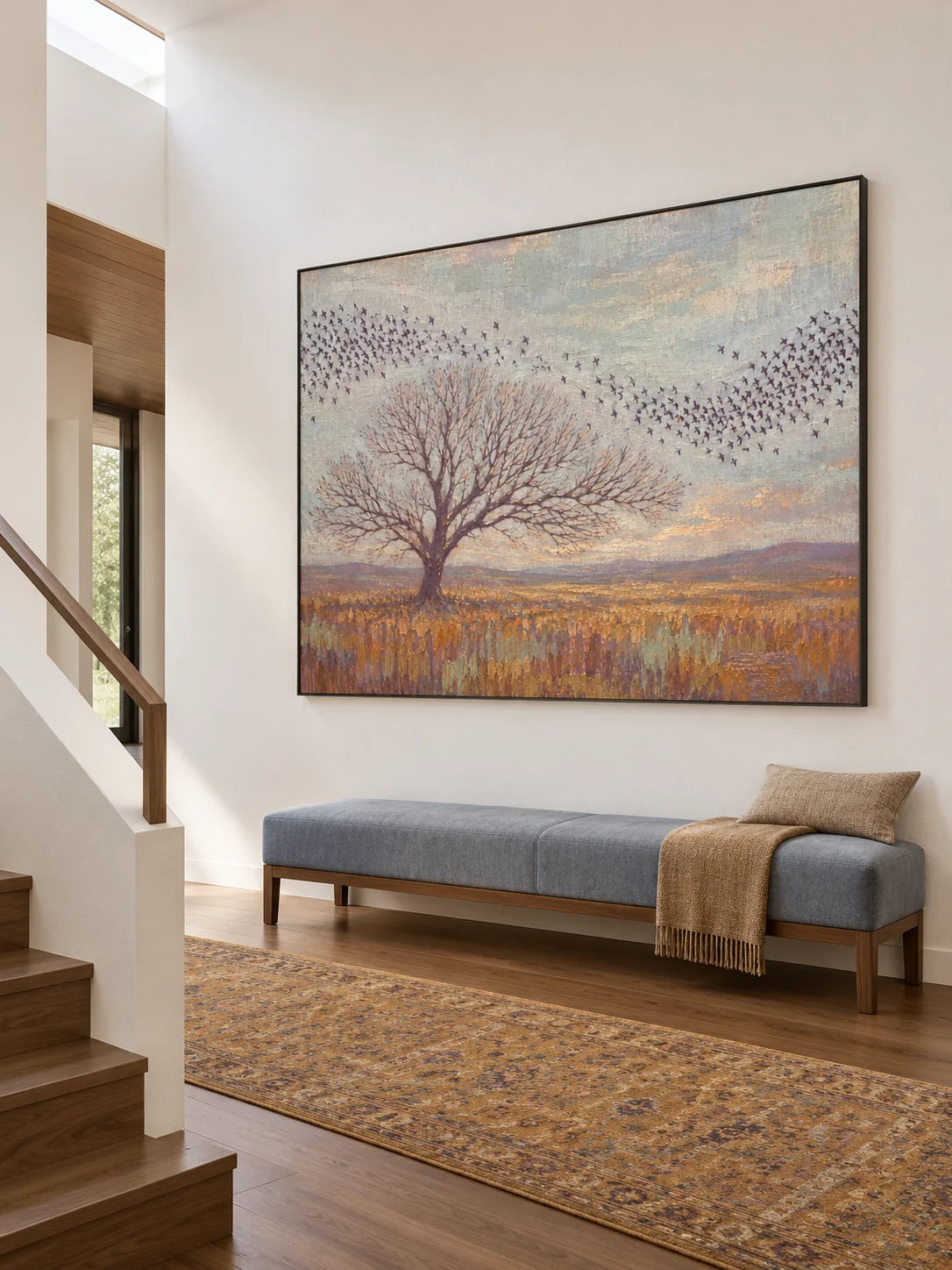 Minimalist Lone Tree Painting Large Muted Gold And Blue Nature Landscape Artwork