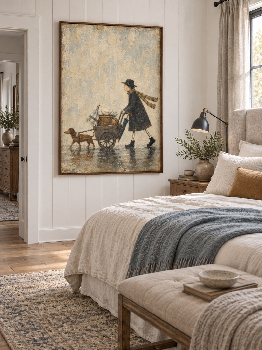 Whimsical Rainy Day Cart With A Man Dog And Duck Hand Painted Wall Art