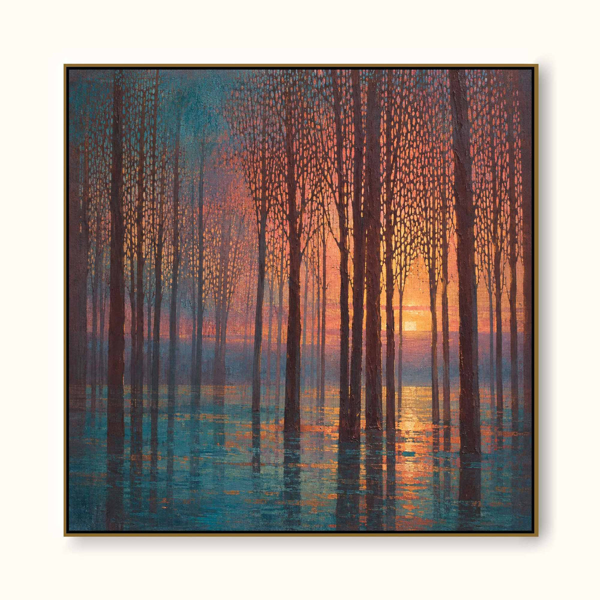 Large Textured Woodland Painting In Teal And Burnt Orange For Living Room Decor