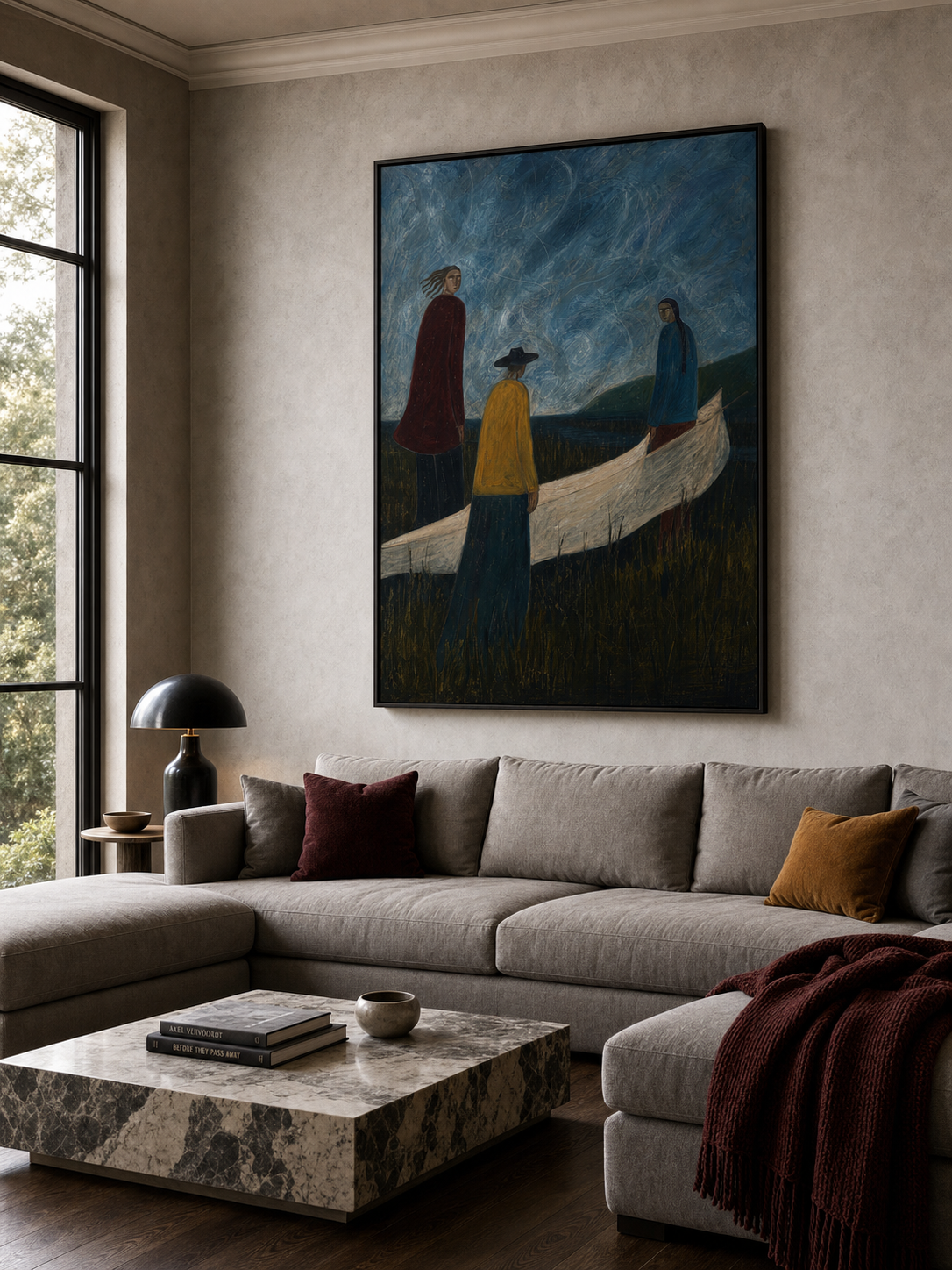 Vintage Folk Art Painting Of People With Boat For Rustic Wall Decor