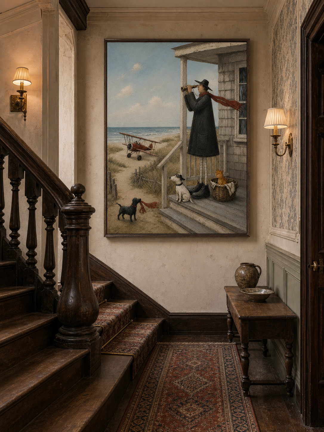 Charming Coastal Art Featuring A Seaside Porch And Vintage Biplane