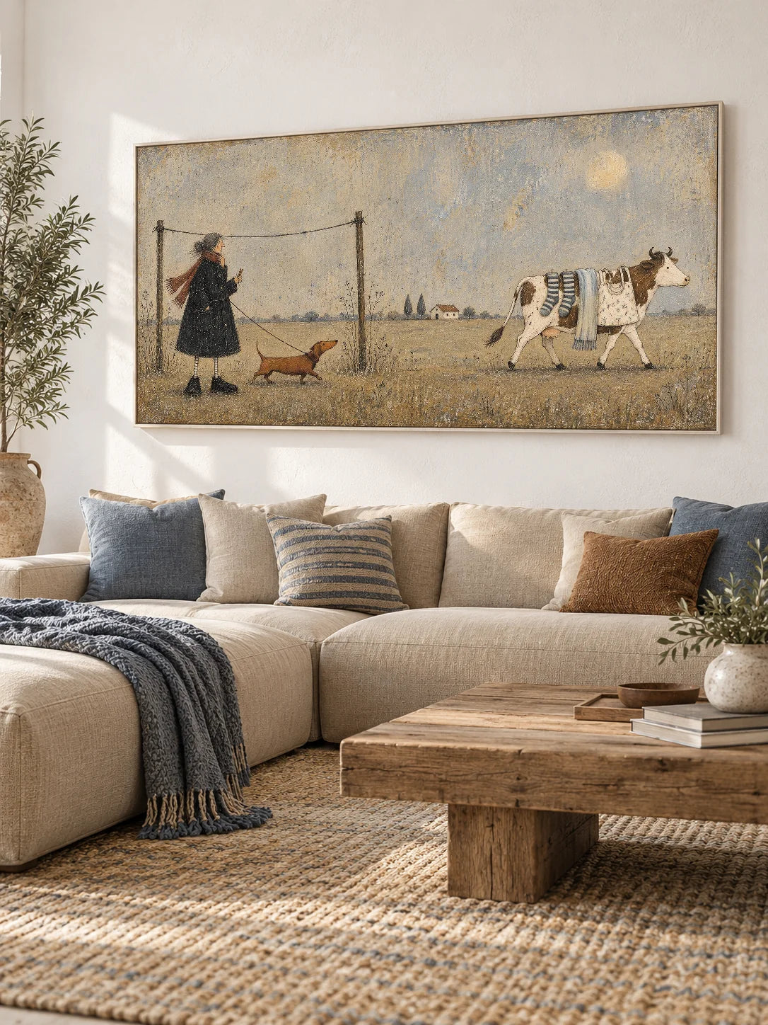 Whimsical Cow And Dachshund Hand-Painted Wall Art For Country Decor