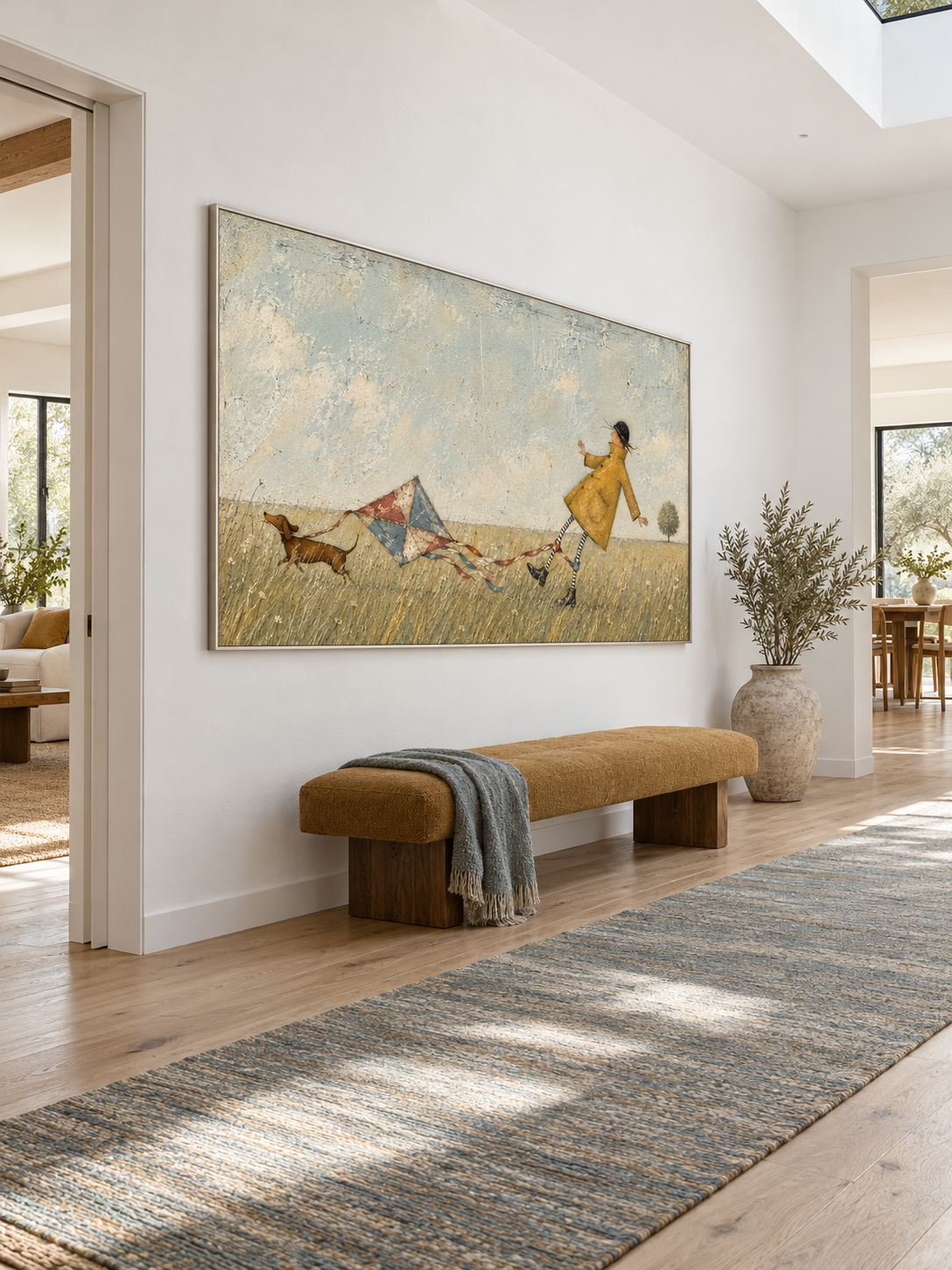 Whimsical Girl And Dachshund With Kite Hand-Painted Canvas Art