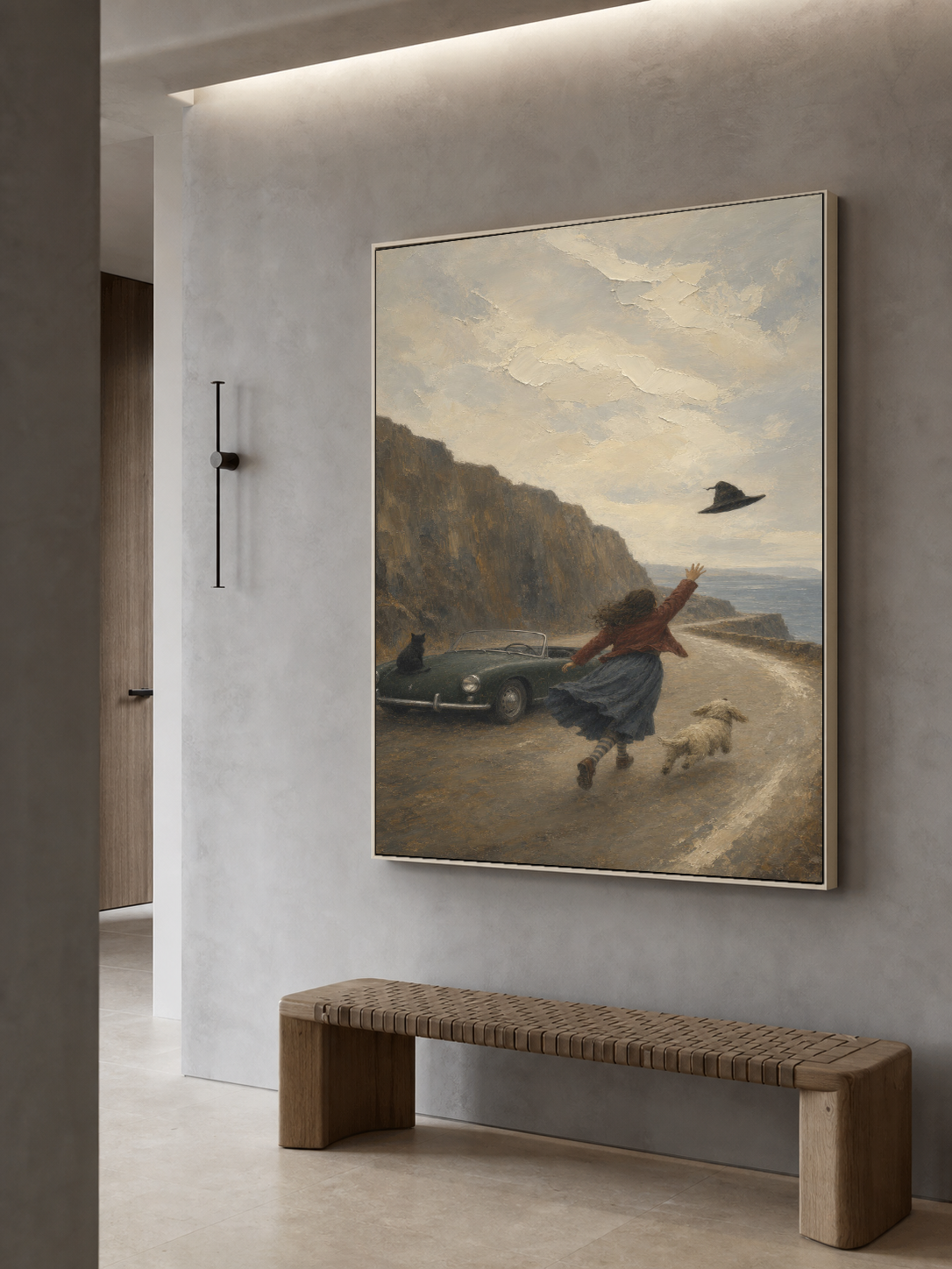 Vintage Coastal Travel Art With Pets And Classic Car For Home Decor