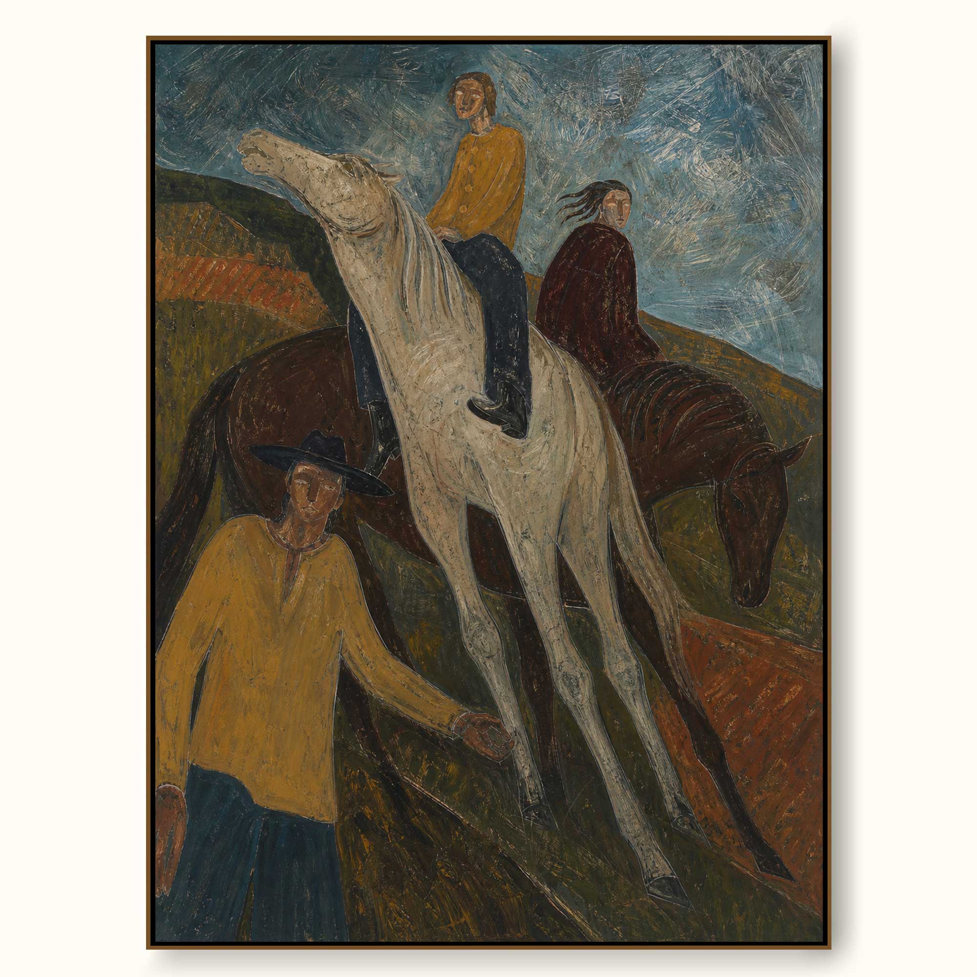 Original Western Horse Riders Oil Painting Large Textured Folk Equestrian Wall Art Canvas
