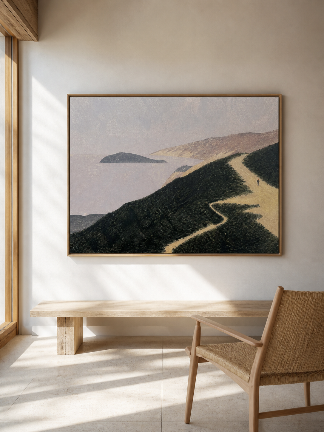 Minimalist Landscape Painting With Lone Figure On Coastal Path Hand-Painted Canvas Art
