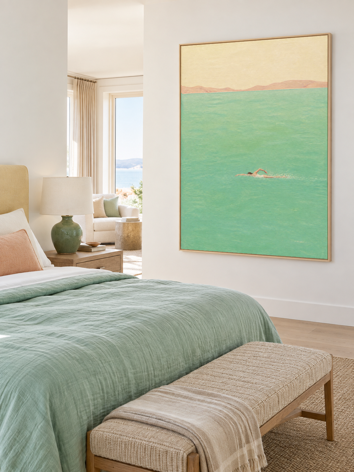 Mint Turquoise Swimming Wall Art For Calm Modern Home Bedroom Interiors
