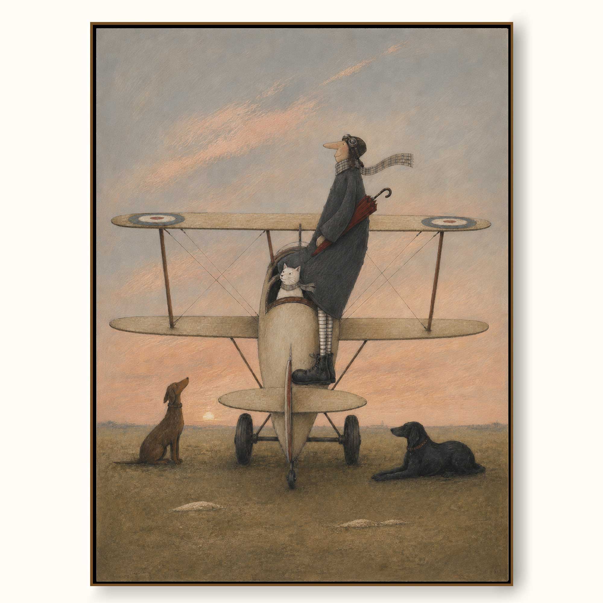 Sunset Biplane Whimsical Pilot Original Surrealist Painting