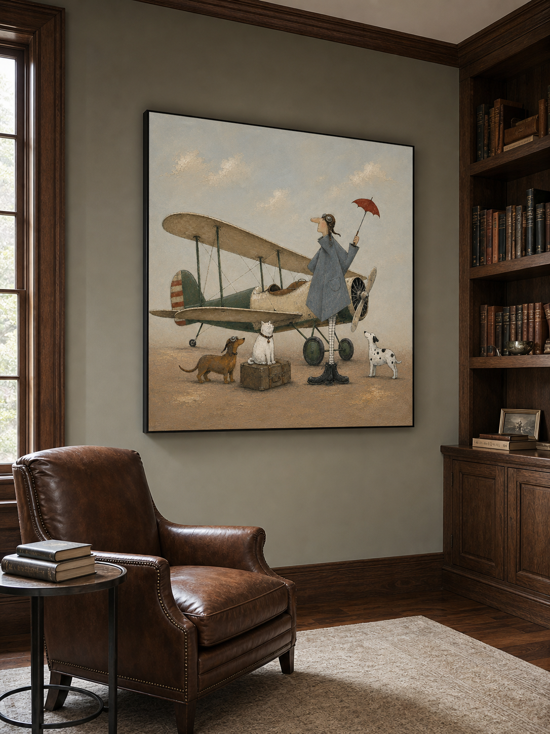 Minimalist Vintage Airplane Canvas Painting Handmade Retro Pilot With Dogs Art