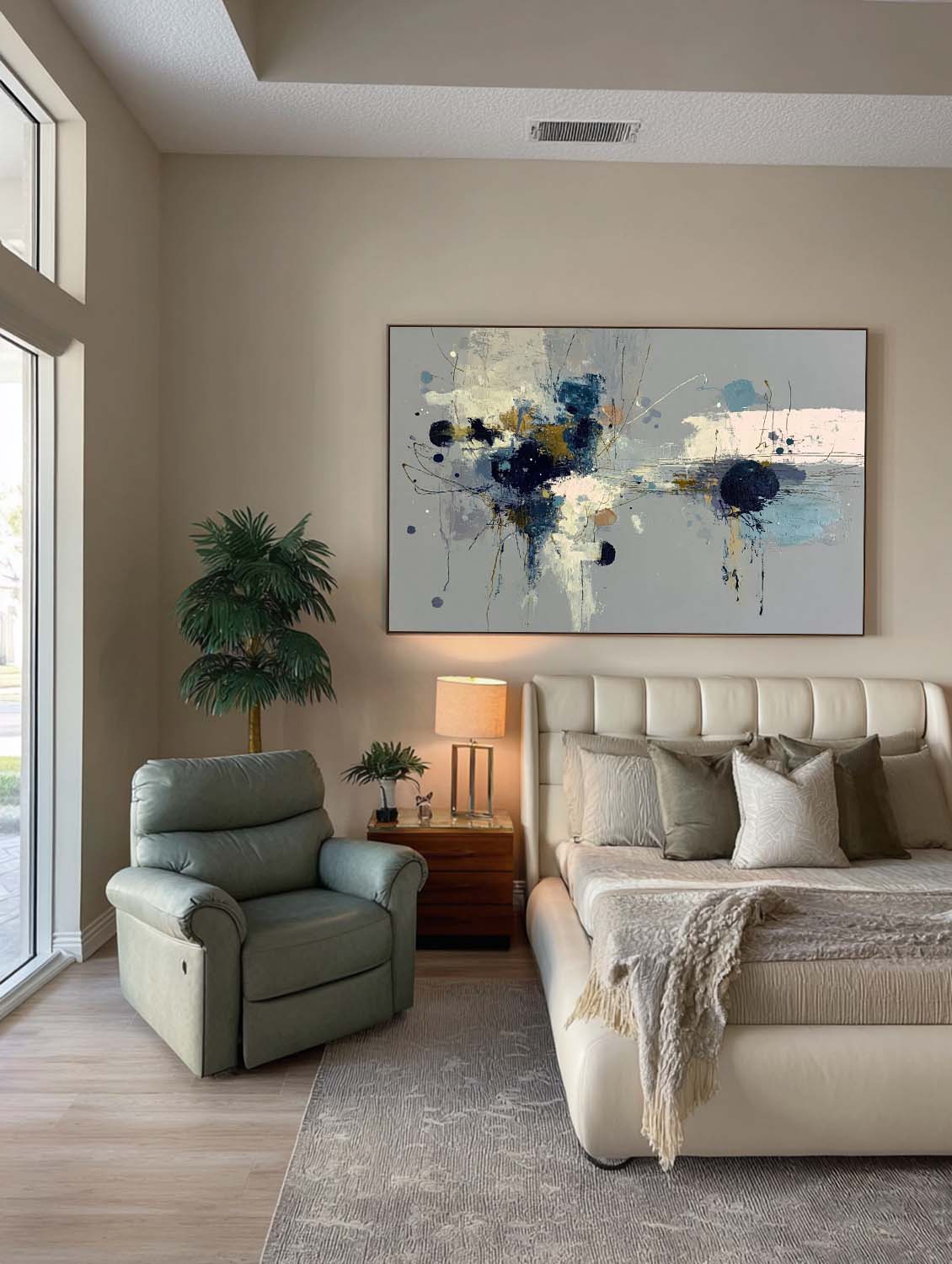 Square Abstract Floral Oil Painting Grey And Blue Minimalist Wall Art