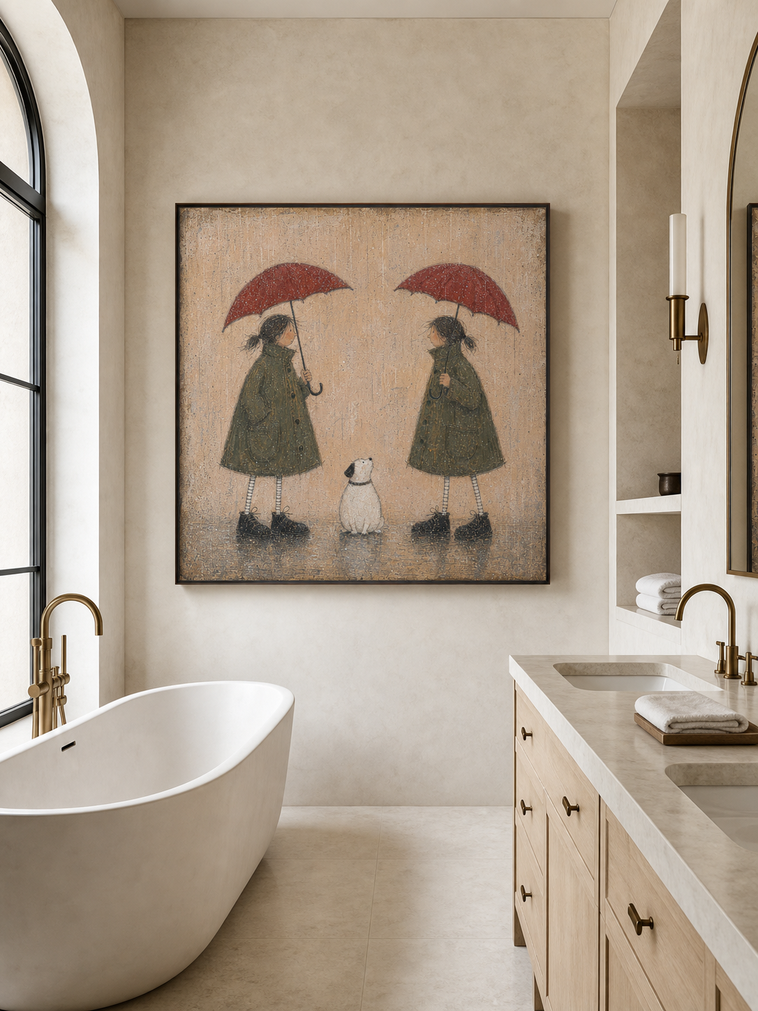 Vintage Rainy Day Art With Dog And Children In Retro Coats For Cozy Home Decor