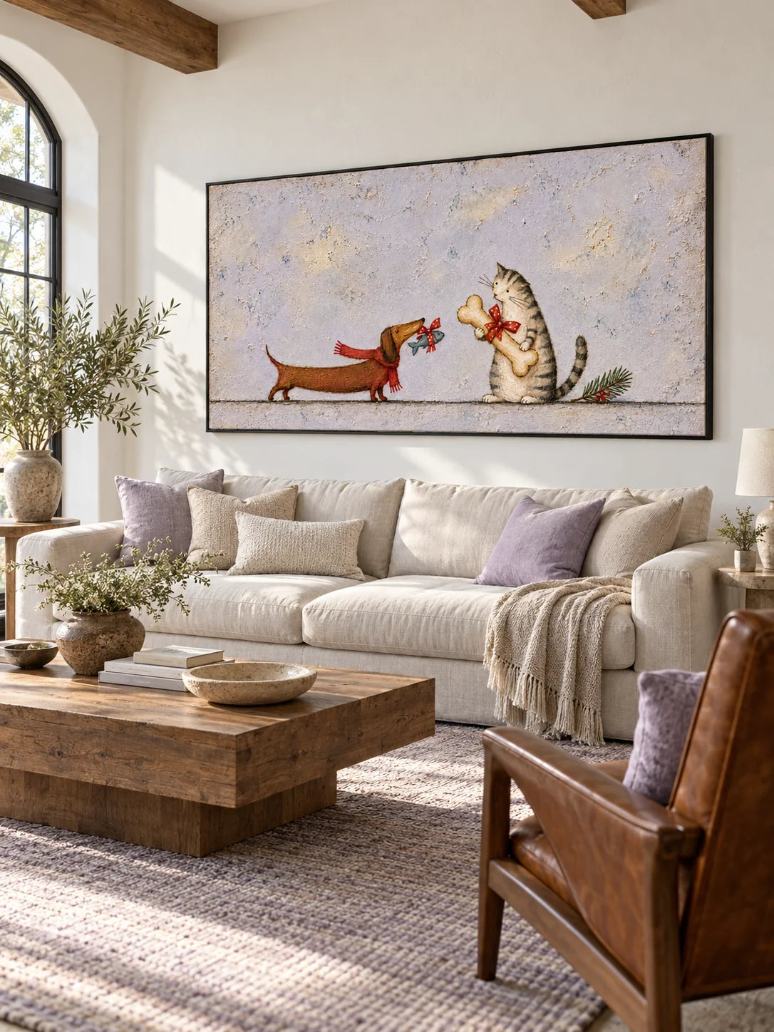 Hand-Painted Cat And Dog Art With Holiday Gifts Canvas Painting