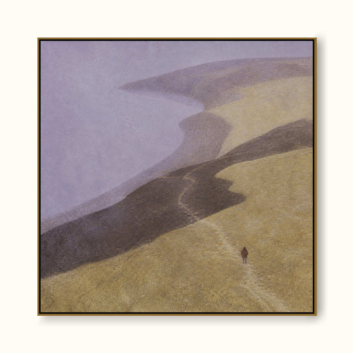 Minimalist Coastal Landscape Canvas Painting With Solitary Figure In Beige And Purple