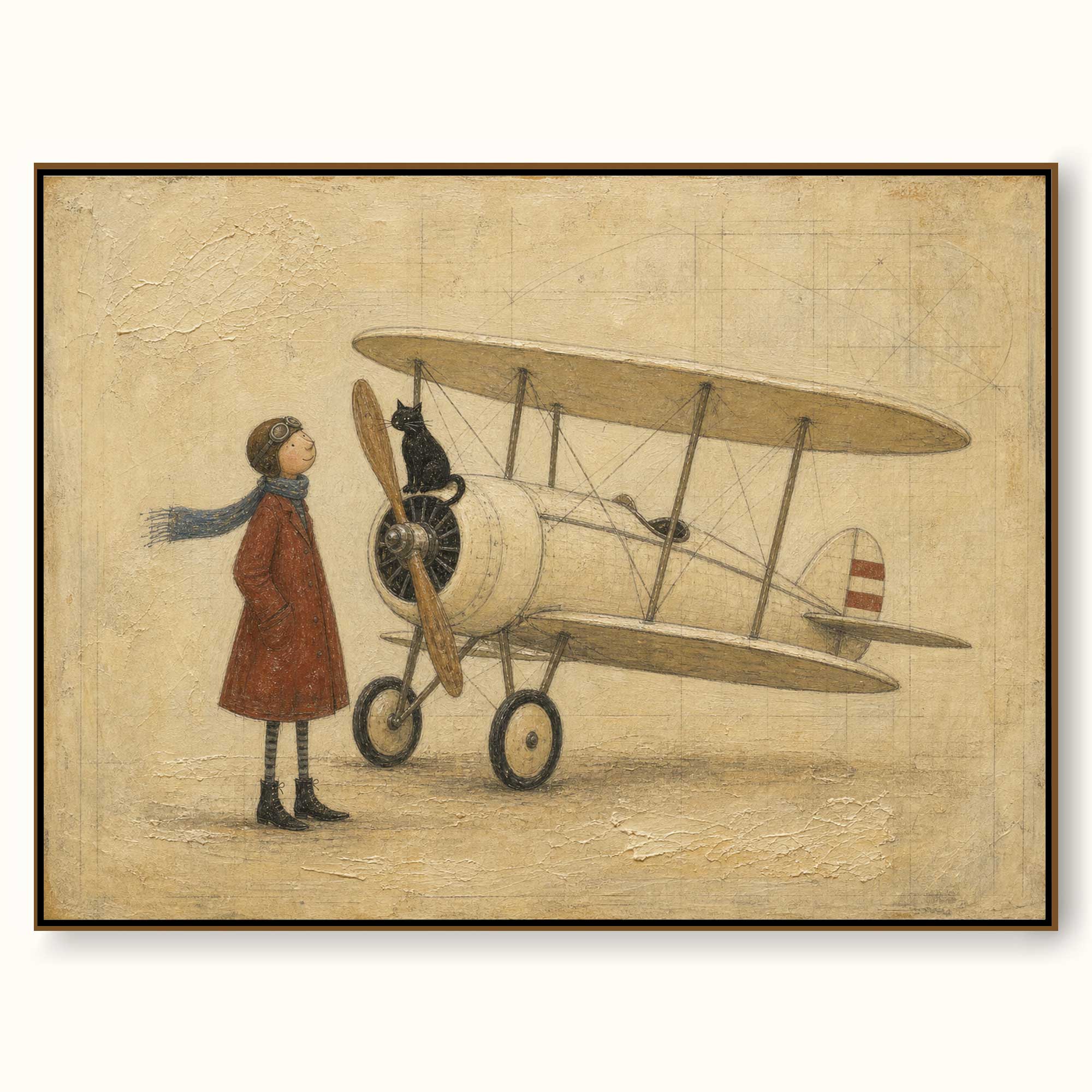 Vintage Pilot Painting With Biplane And Cat For Retro Home Decor
