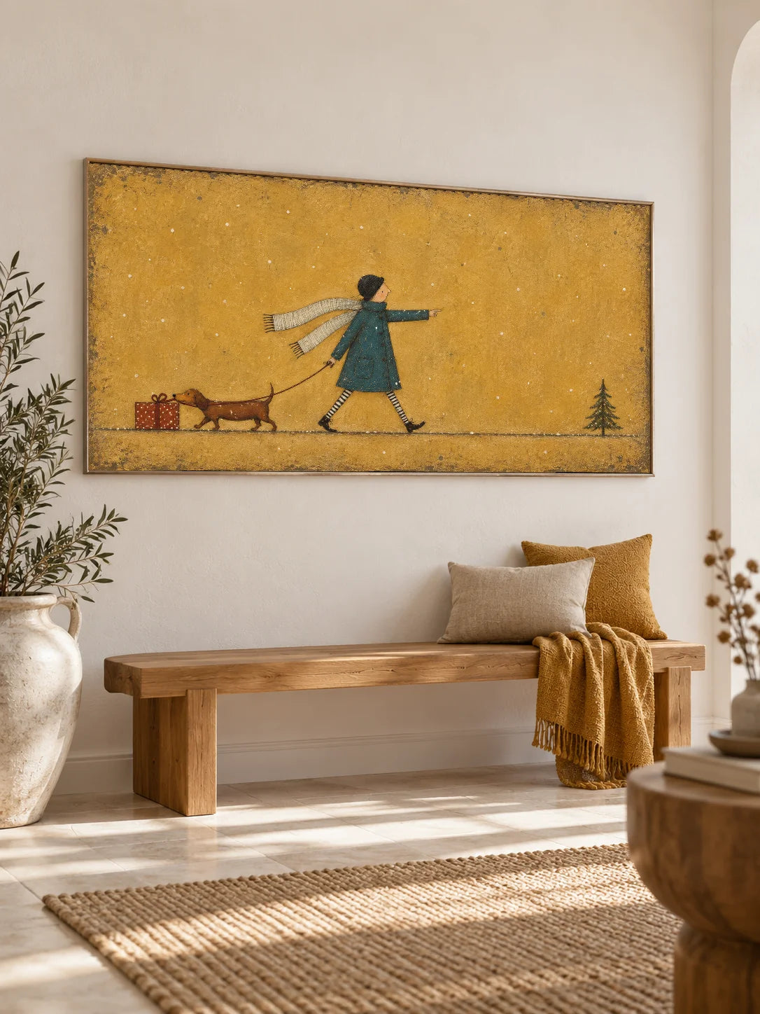 Hand Painted Dog Walk Wall Art Minimalist Playful Christmas Canvas Artwork Painting
