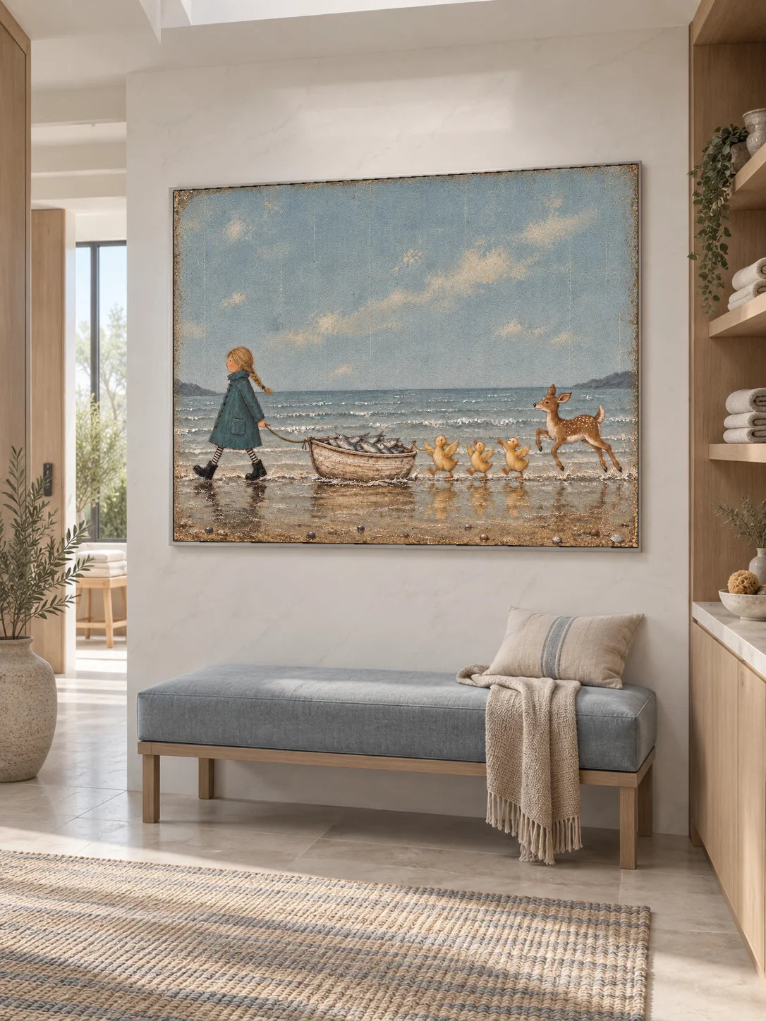 Whimsical Girl And Animals Coastal Canvas Painting Hand-Painted Wall Art