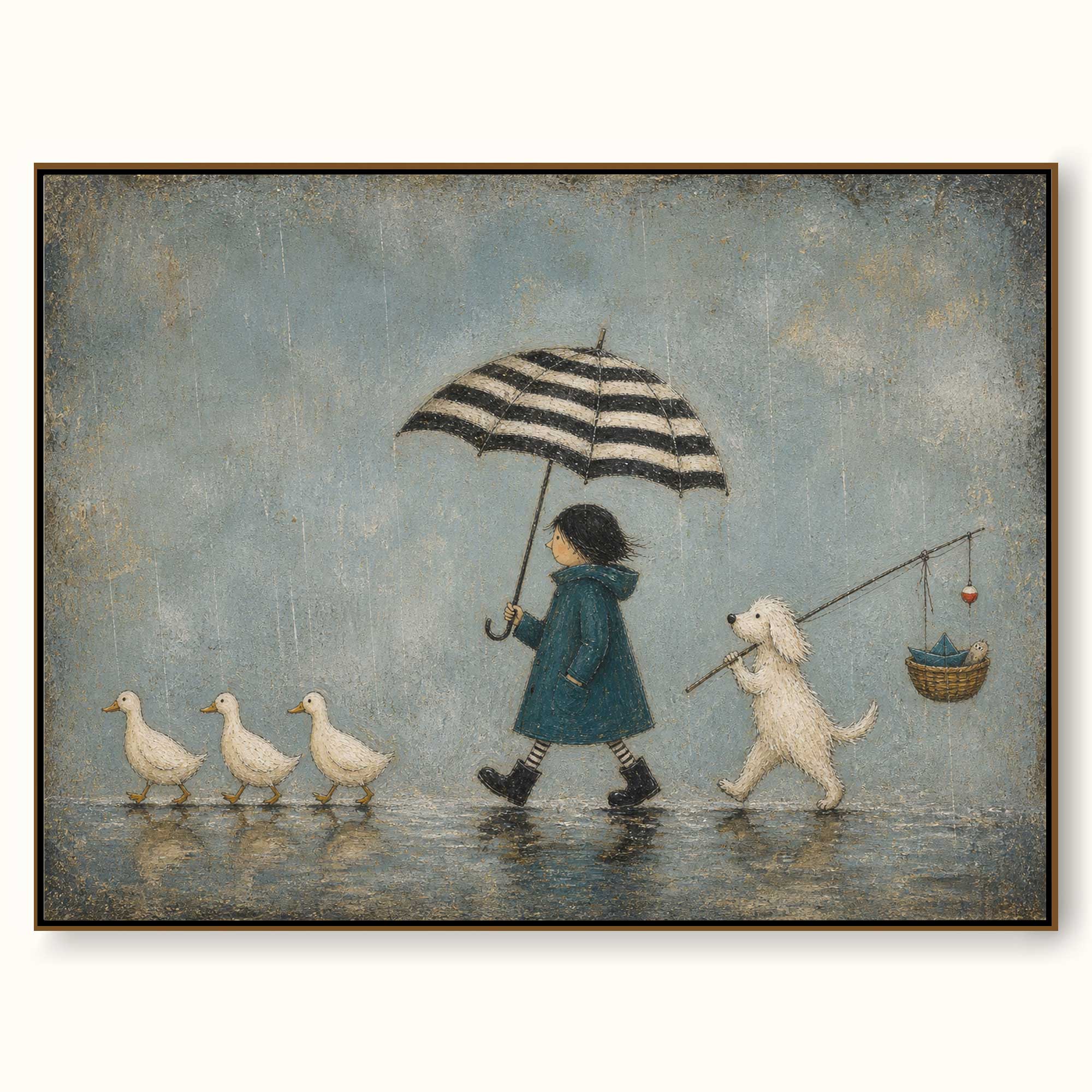 Charming Rainy Day Dog And Duck Art For Modern Kids Room Nursery Wall Decor