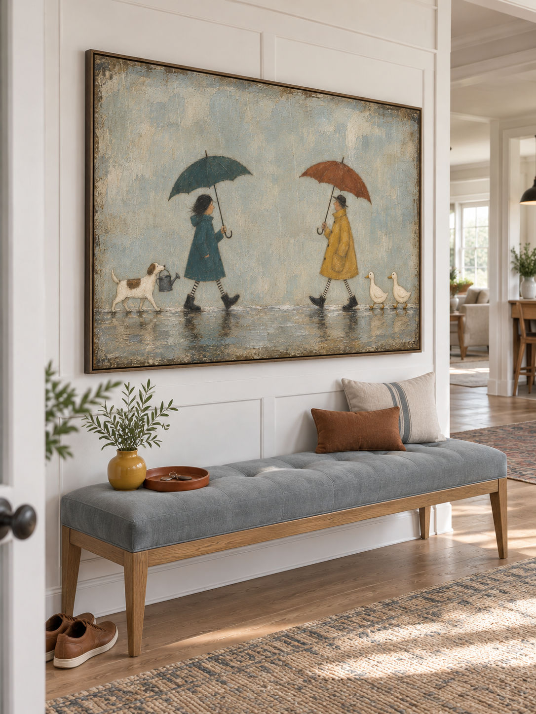 Whimsical Couple With Umbrellas Dogs And Ducks Hand Painted Wall Art