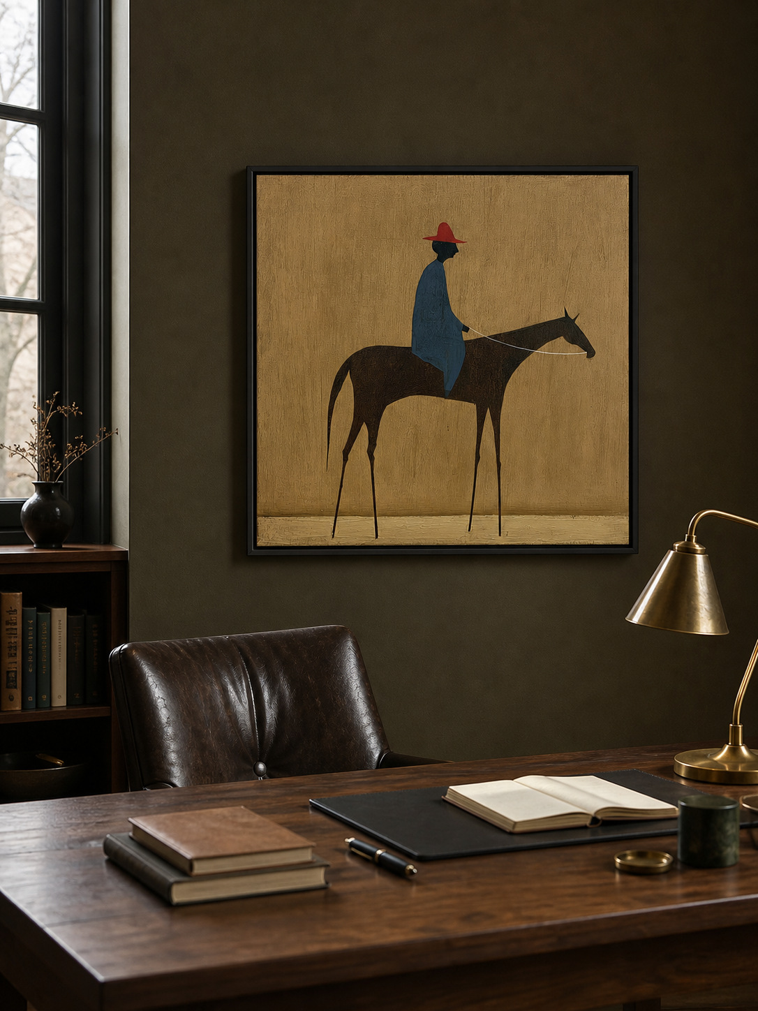 Modern Figurative Oil Painting Of Rider And Horse With Textured Beige Background For Living Room