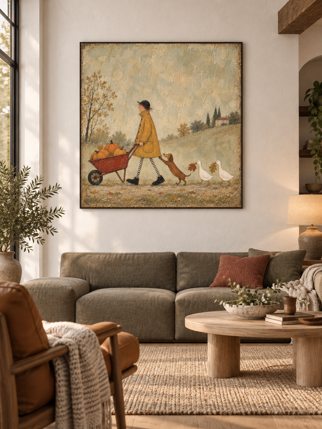 Autumn Harvest Canvas Art With Dog Ducks And Pumpkins For Kids Room Decor