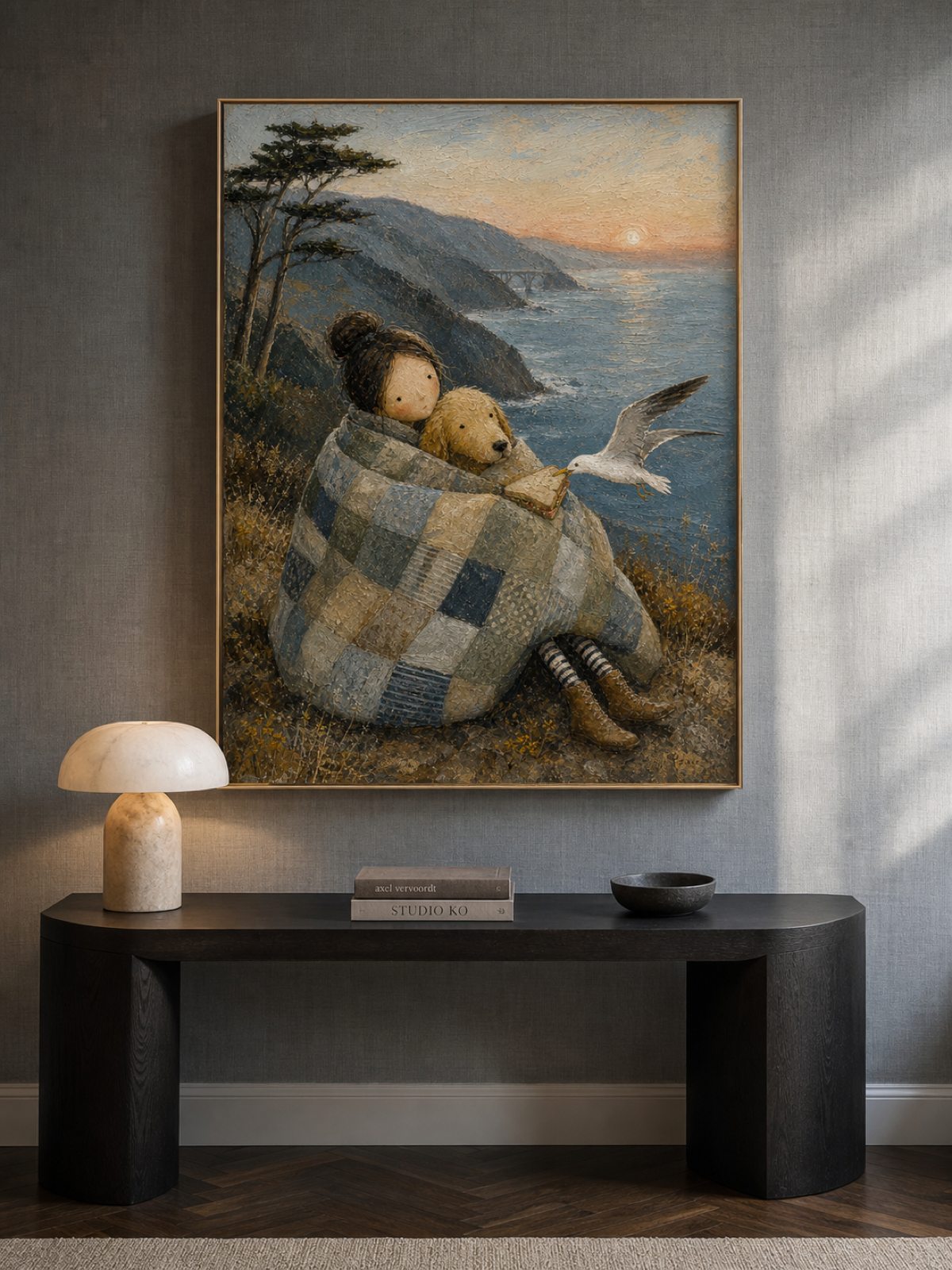 Whimsical California Coast Art With Dog And Girl For Seaside Wall Decor