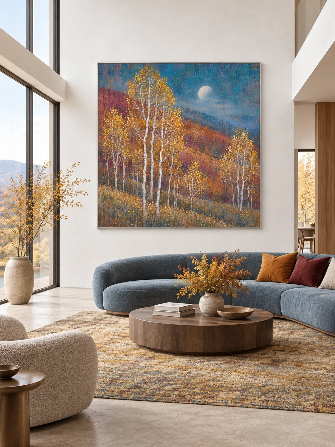 Large Textured Autumn Woodland Painting For Modern Rustic Living Room Decor