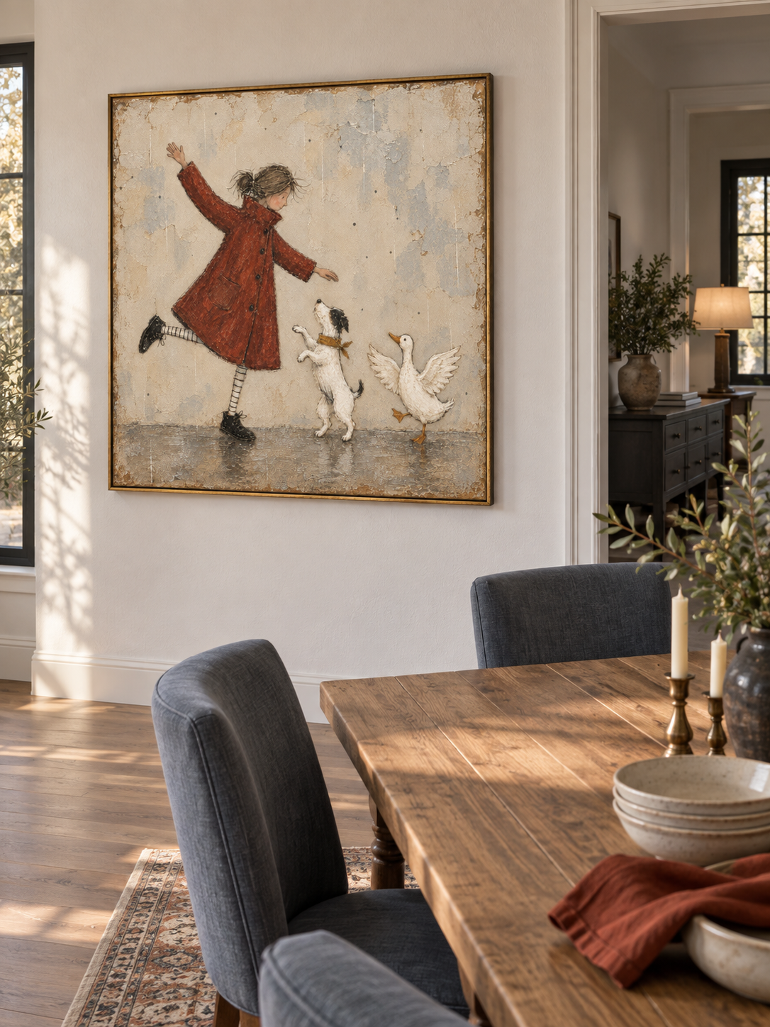 Hand-Painted Dancing Girl Canvas Art With Dog And Duck For Kids Room Decor