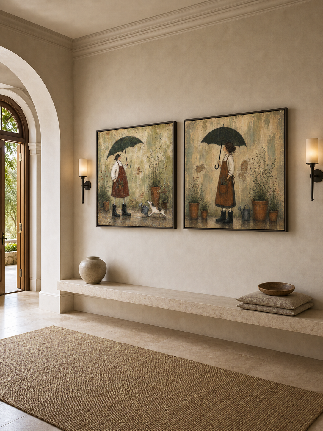 English Garden Diptych Wall Art Square Framed Oil Painting Set For Rustic Living Room Design