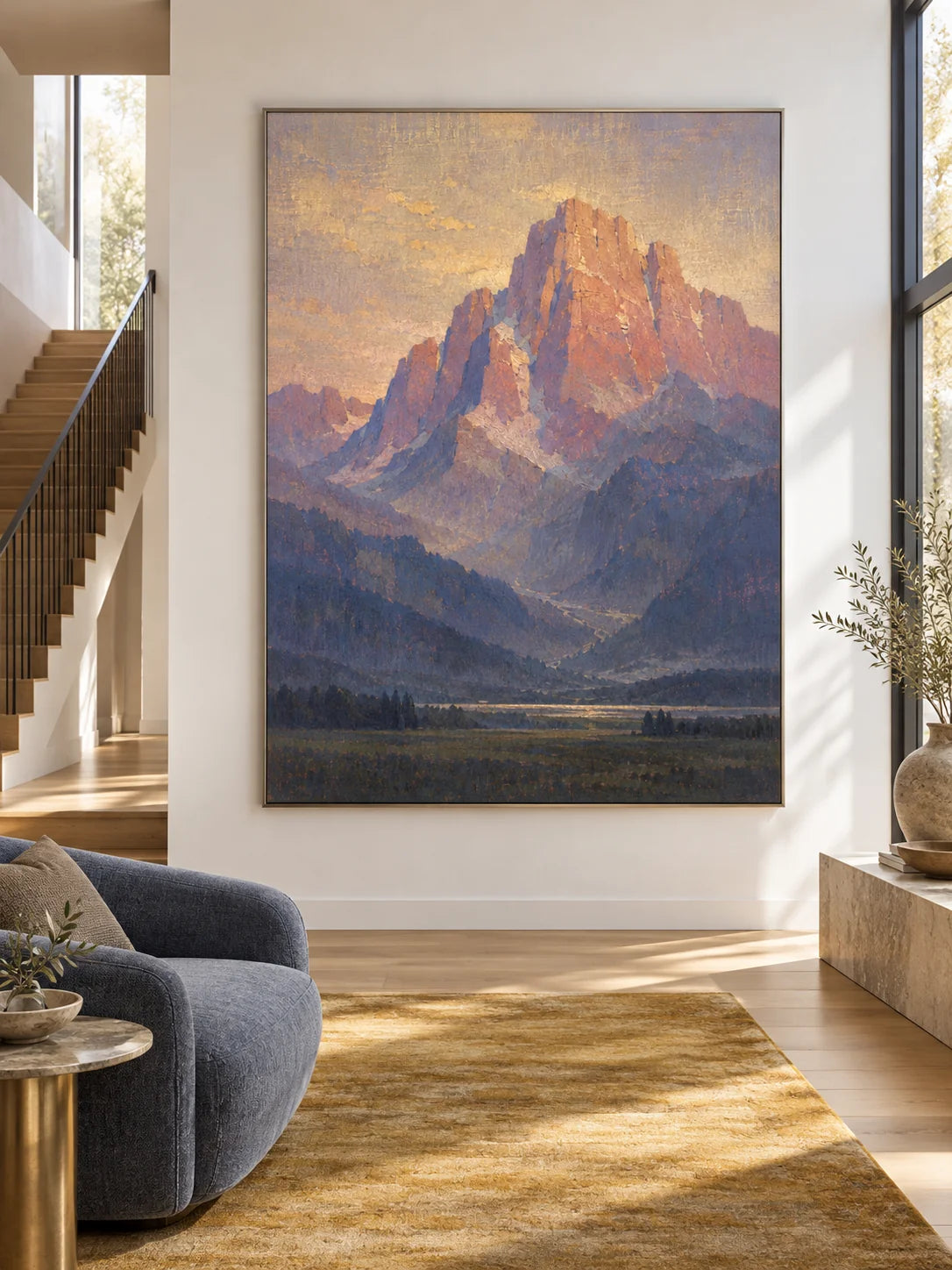 Majestic Mountain Landscape Painting Alpine Valley Nature Wall Art Sunlit Peaks Scenic Canvas Decor
