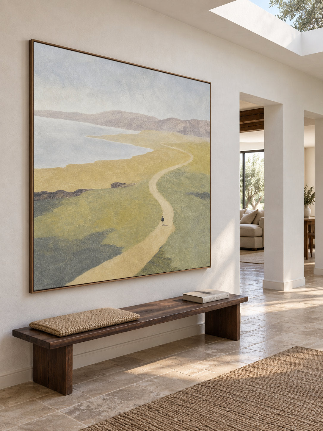 Minimalist Winding Lakeside Path Canvas Art With Lone Walker For Office Decor