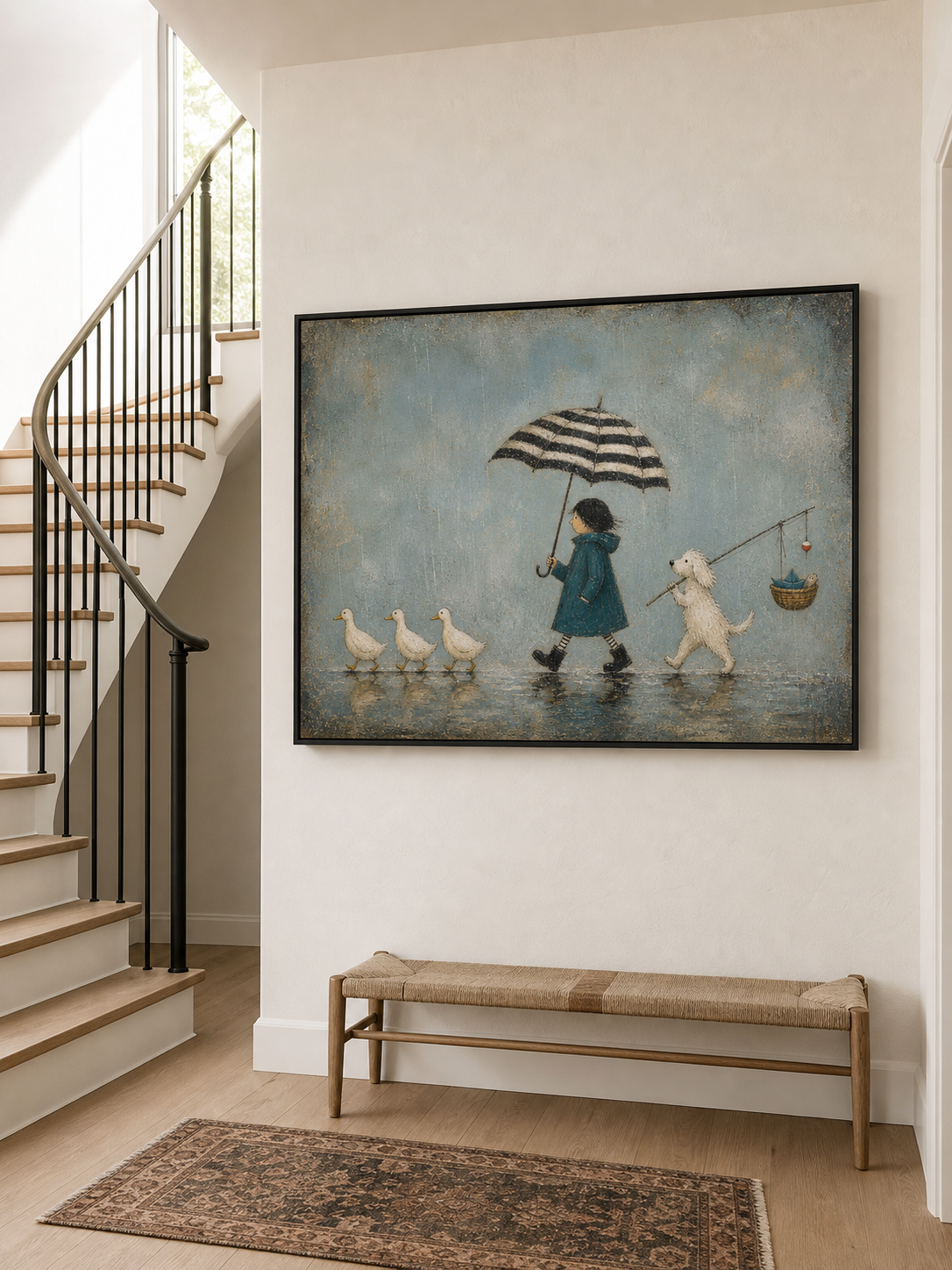 Charming Rainy Day Dog And Duck Art For Modern Kids Room Nursery Wall Decor