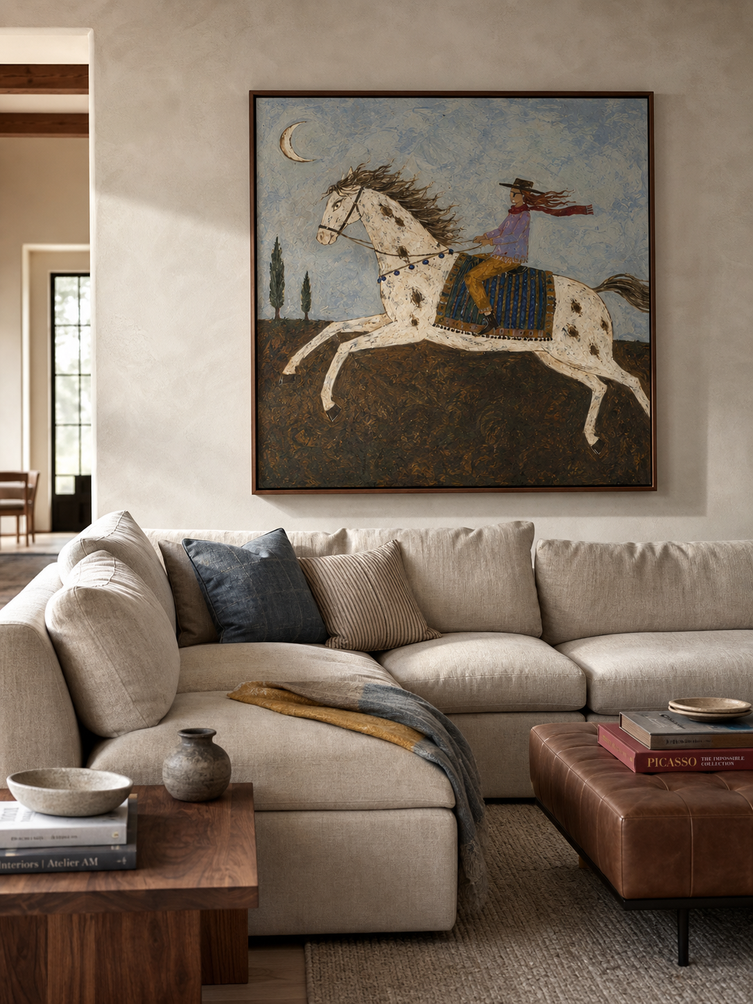Hand Painted White Horse Night Ride Painting Western Folk Wall Art Bohemian Equestrian Artwork