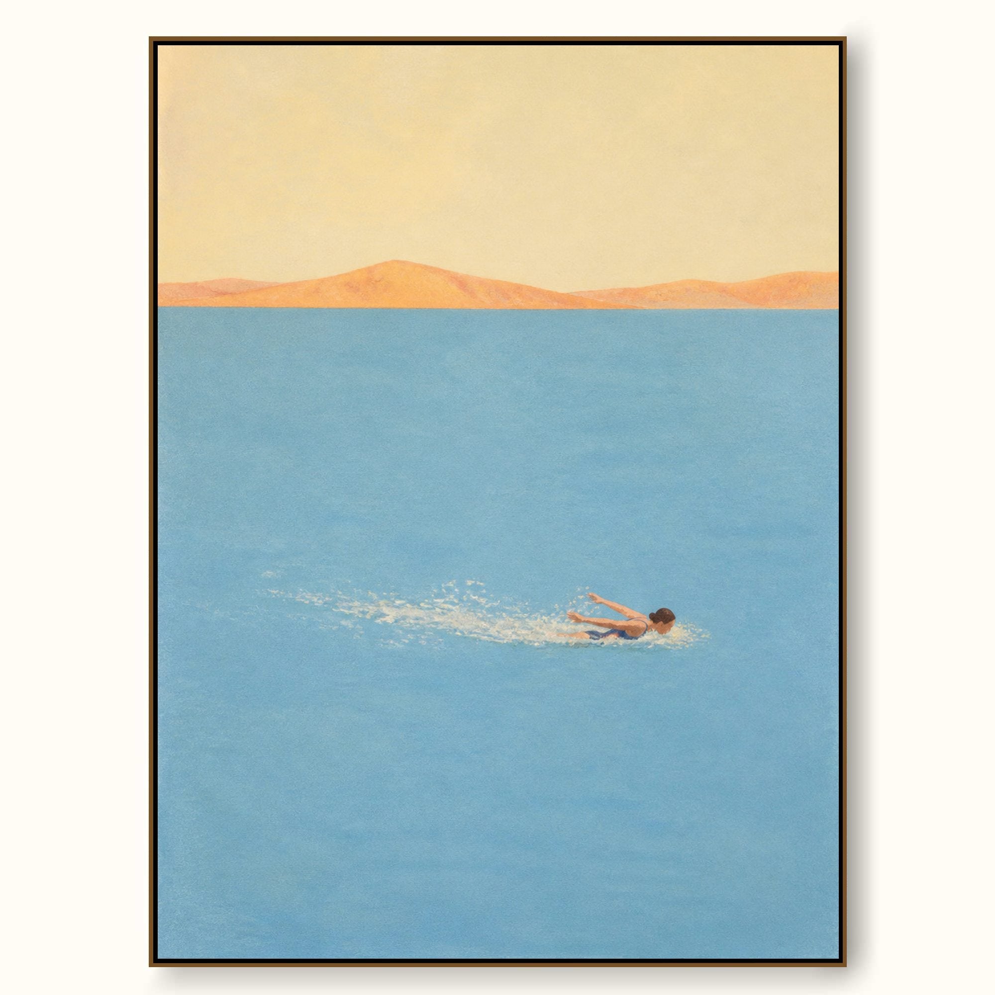 Woman Breaststroke Swimming In Blue Open Water Hand Painted Coastal Wall Art