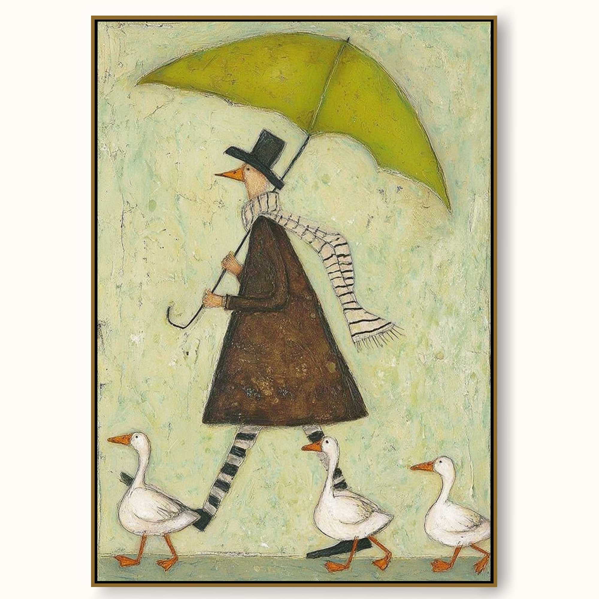 Whimsical Green Umbrella Man With Geese Original Oil Painting On Linen Canvas For Modern Home Decor