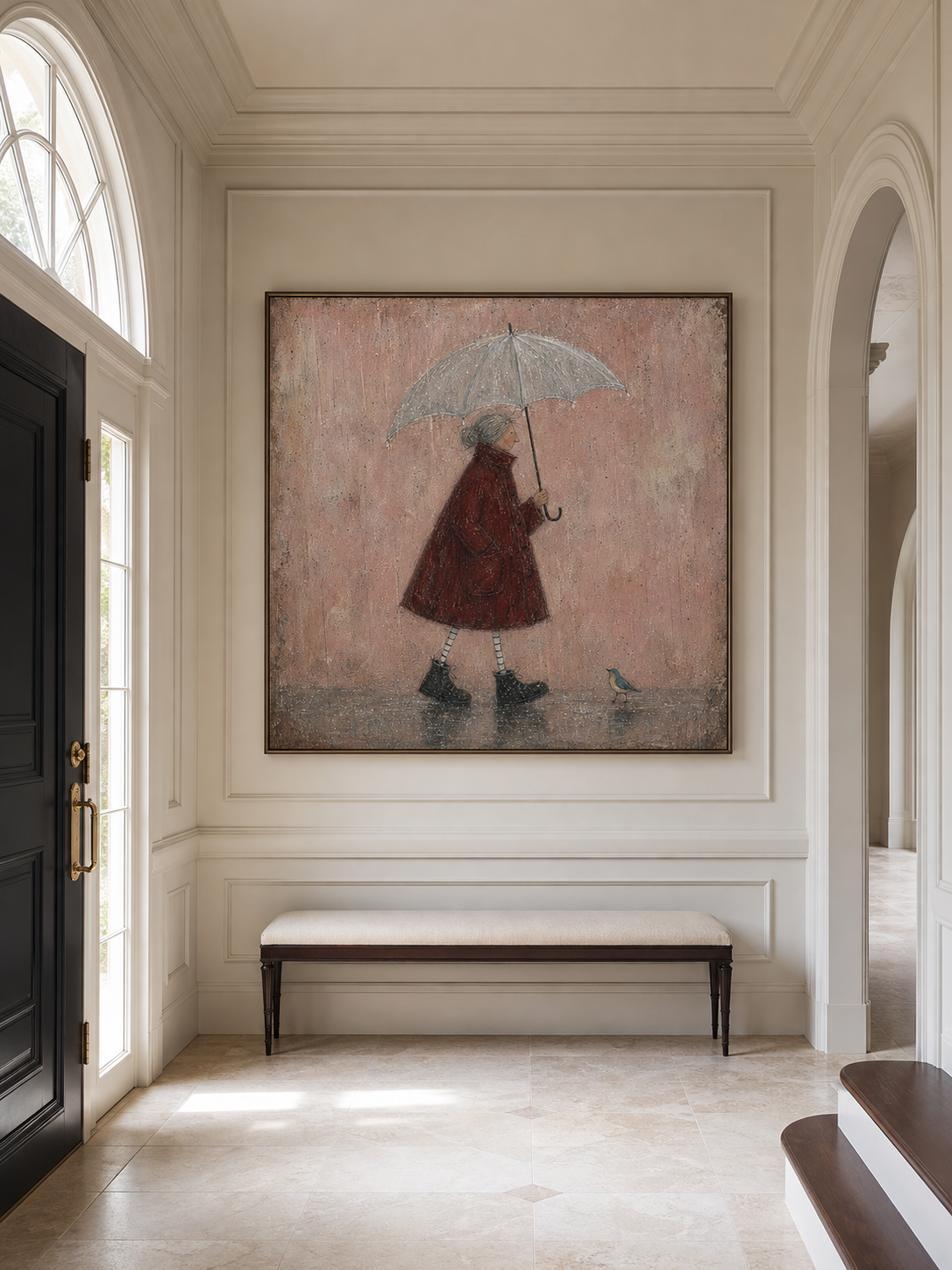 Original Handmade Painting Red Coat Woman In Rain Minimalist Wall Art