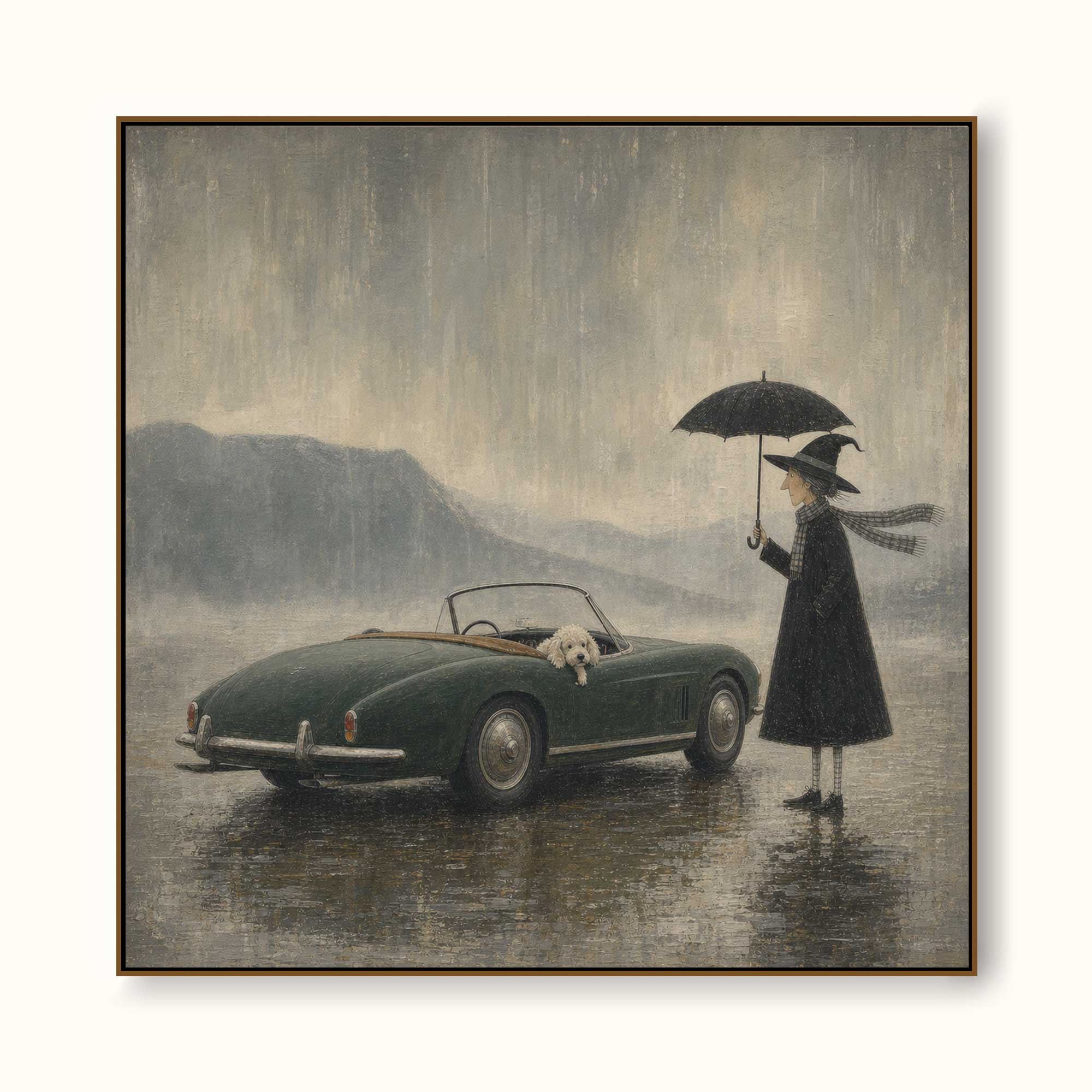 Vintage Vintage Car Oil Painting Whimsical Canvas Original Witch Oil Painting