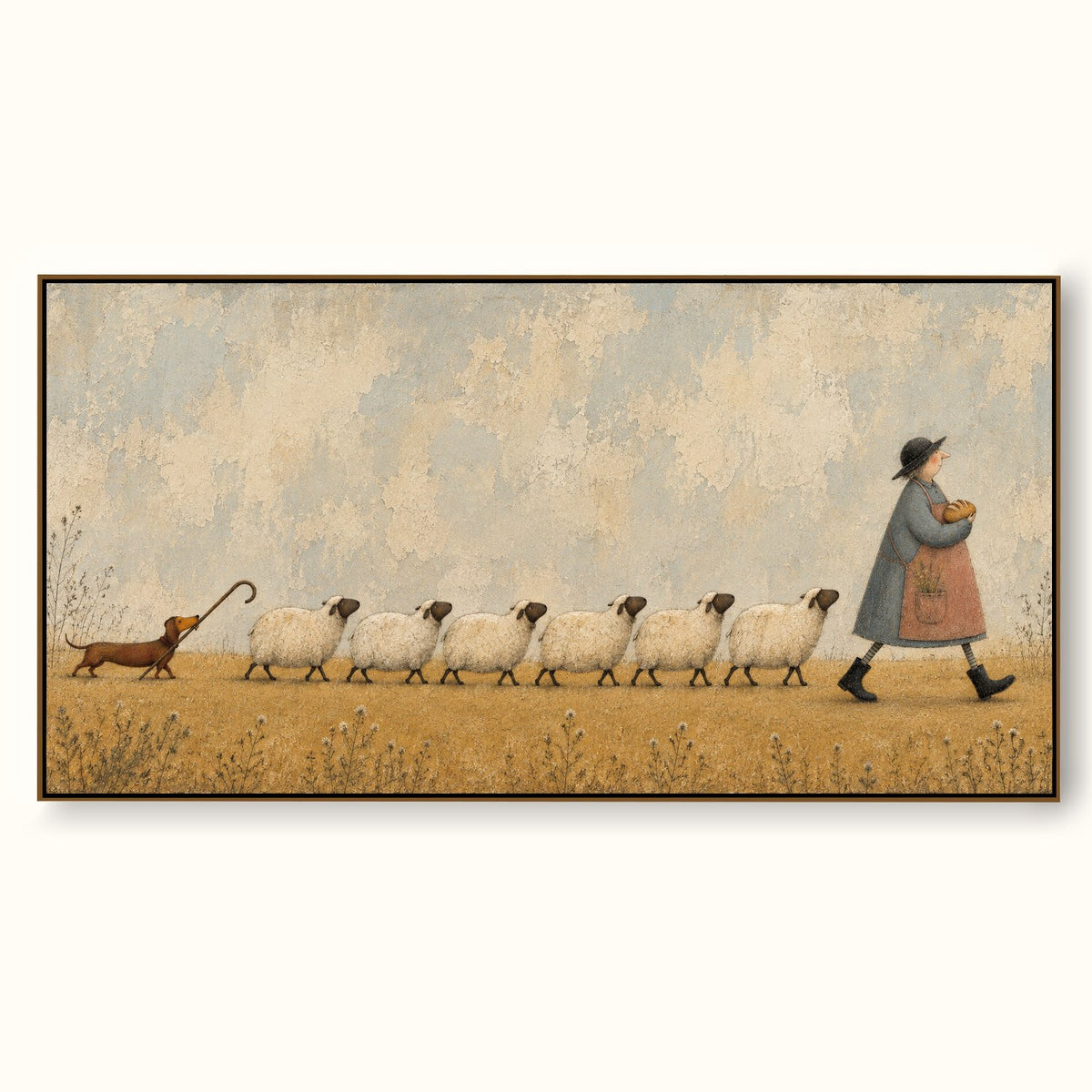 Whimsical Sheep And Dachshund Farm Animal Canvas Painting Hand Painted Wall Art