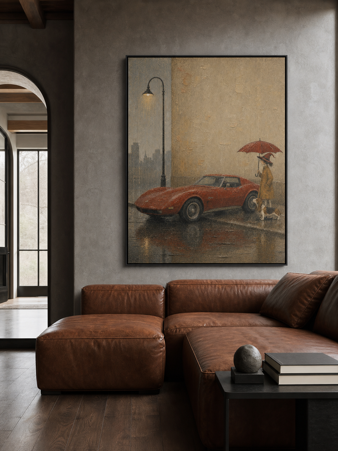Vintage Rainy Day Travel Art With Dog And Classic Car For Home Decor