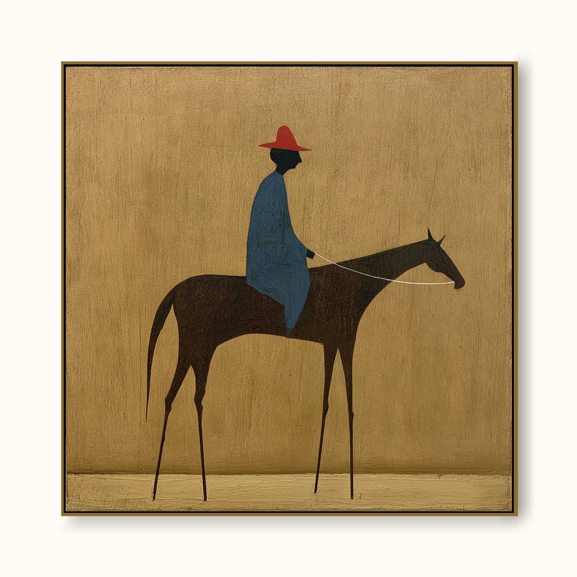 Modern Figurative Oil Painting Of Rider And Horse With Textured Beige Background For Living Room