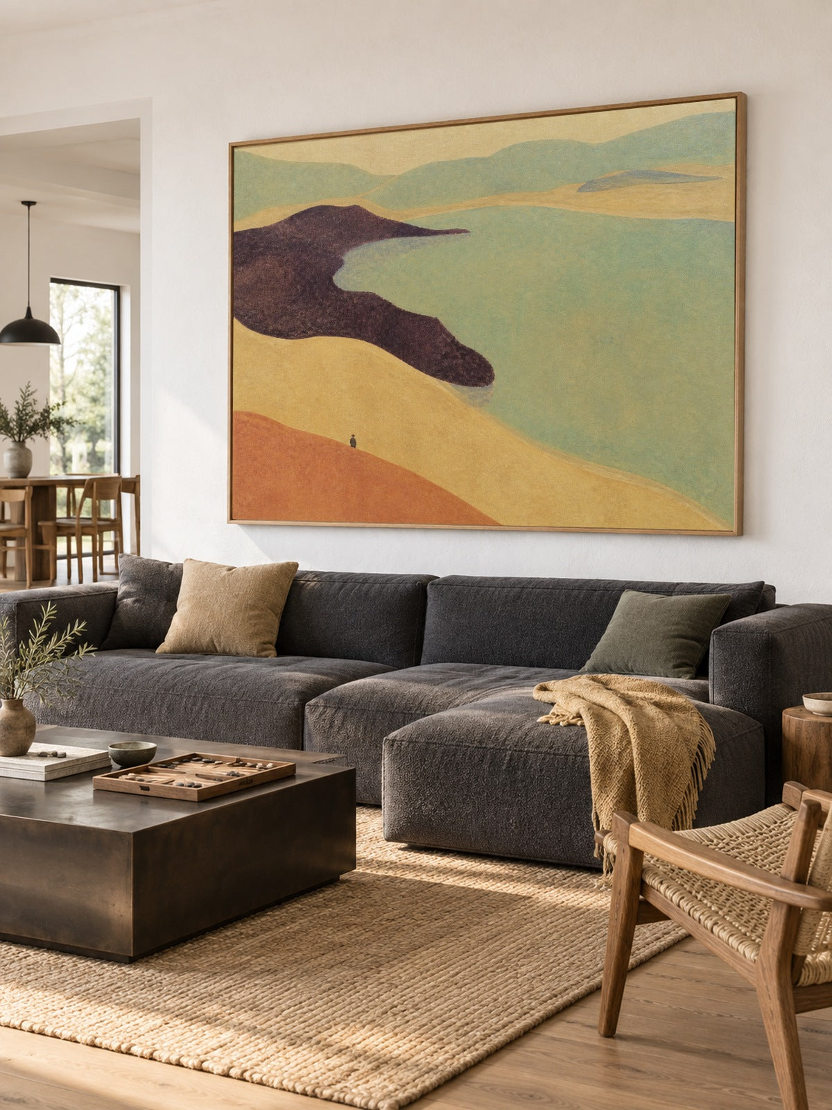 Earth Tone Teal Lake Canvas Art With Lone Figure For Modern Living Room Decor